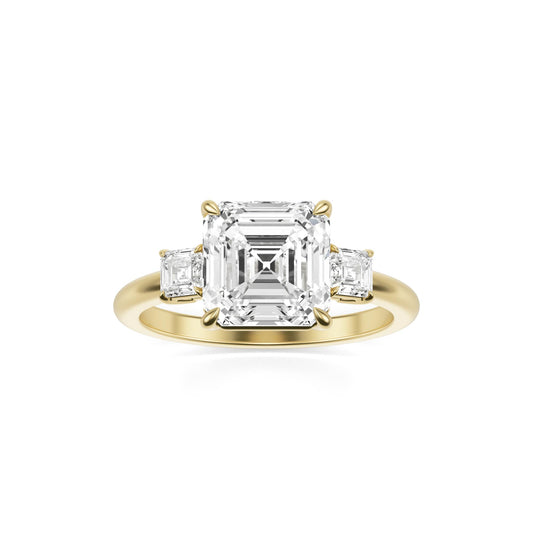 Diamond Asscher Three Stone Ring  14k Yellow Gold