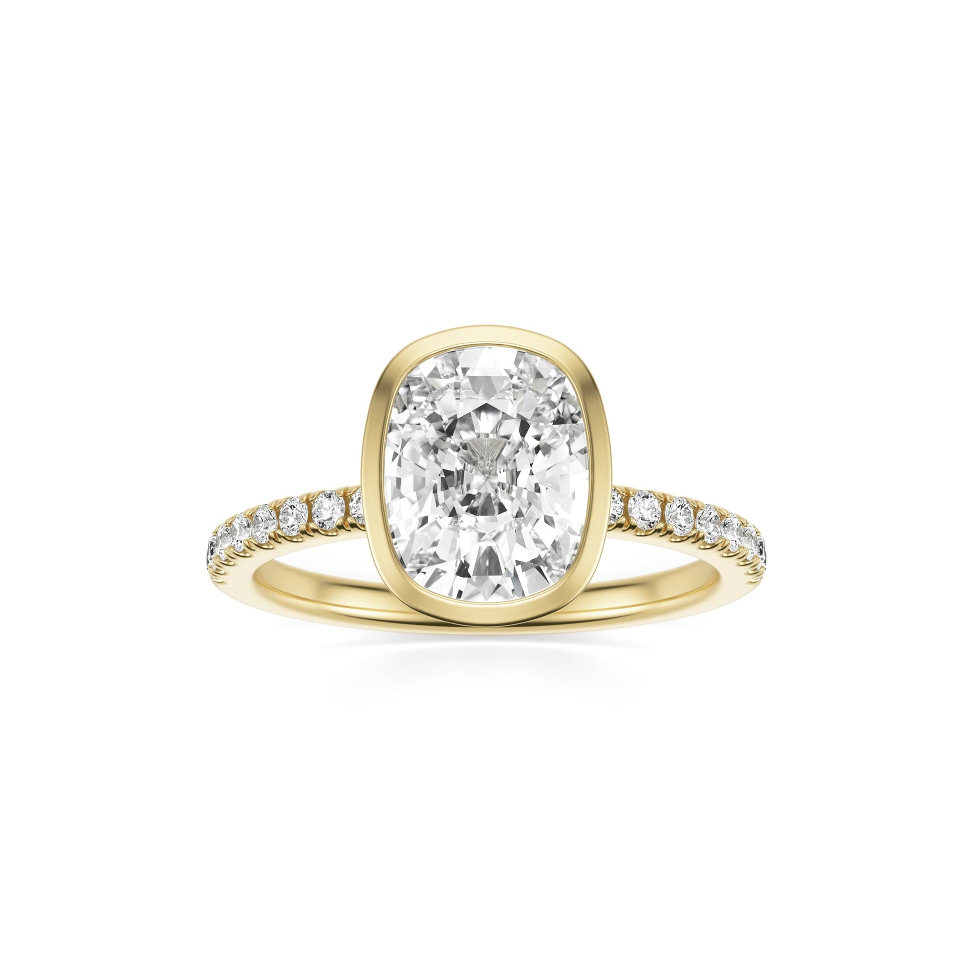 Elongated Cushion Moissanite Bezel Pavé 14K Yellow Gold