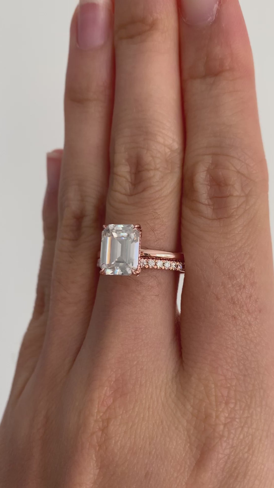 Pave Wedding Band 14RG + 2.52ct 9x7mm Emerald 14RG hidden halo plain