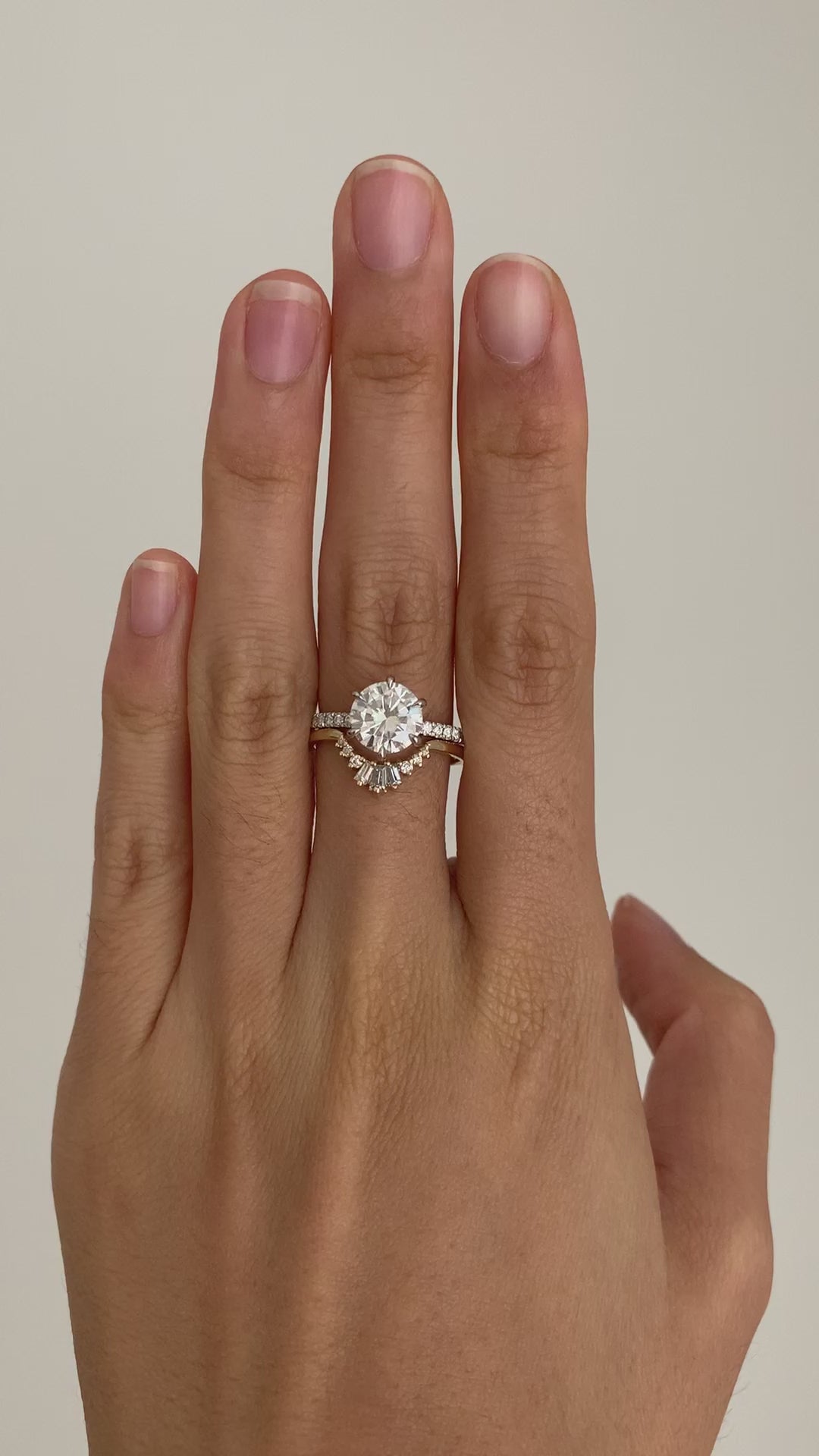 Baguette Tiara Wedding Band 14YG + 1.90ct 8mm Round 14WG pave