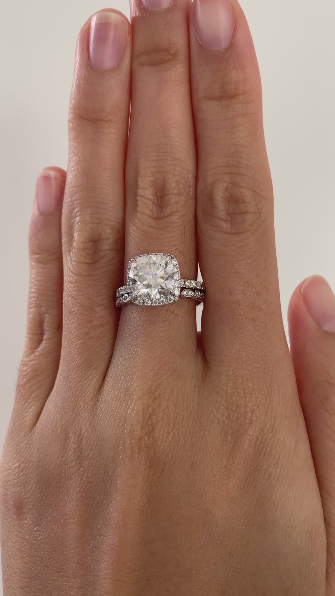 Beaded Marquise Wedding Band 14WG + 2.80ct 8.5mm Cushion 14WG halo pave