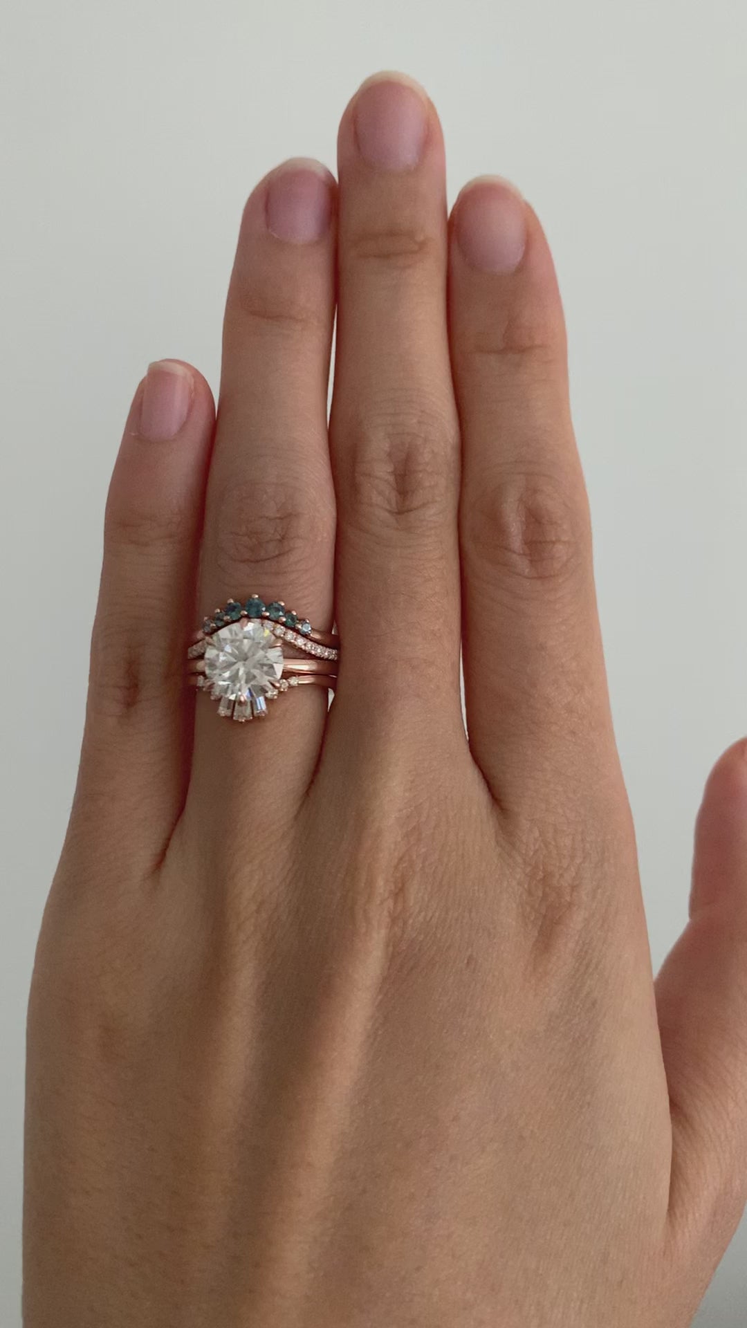 Baguette Tiara Wedding band 14RG + 2.20ct 8.5mm Round 14RG plain + Teal Sapphire Wide Curve Band 14RG + Curved Pave Band 14RG