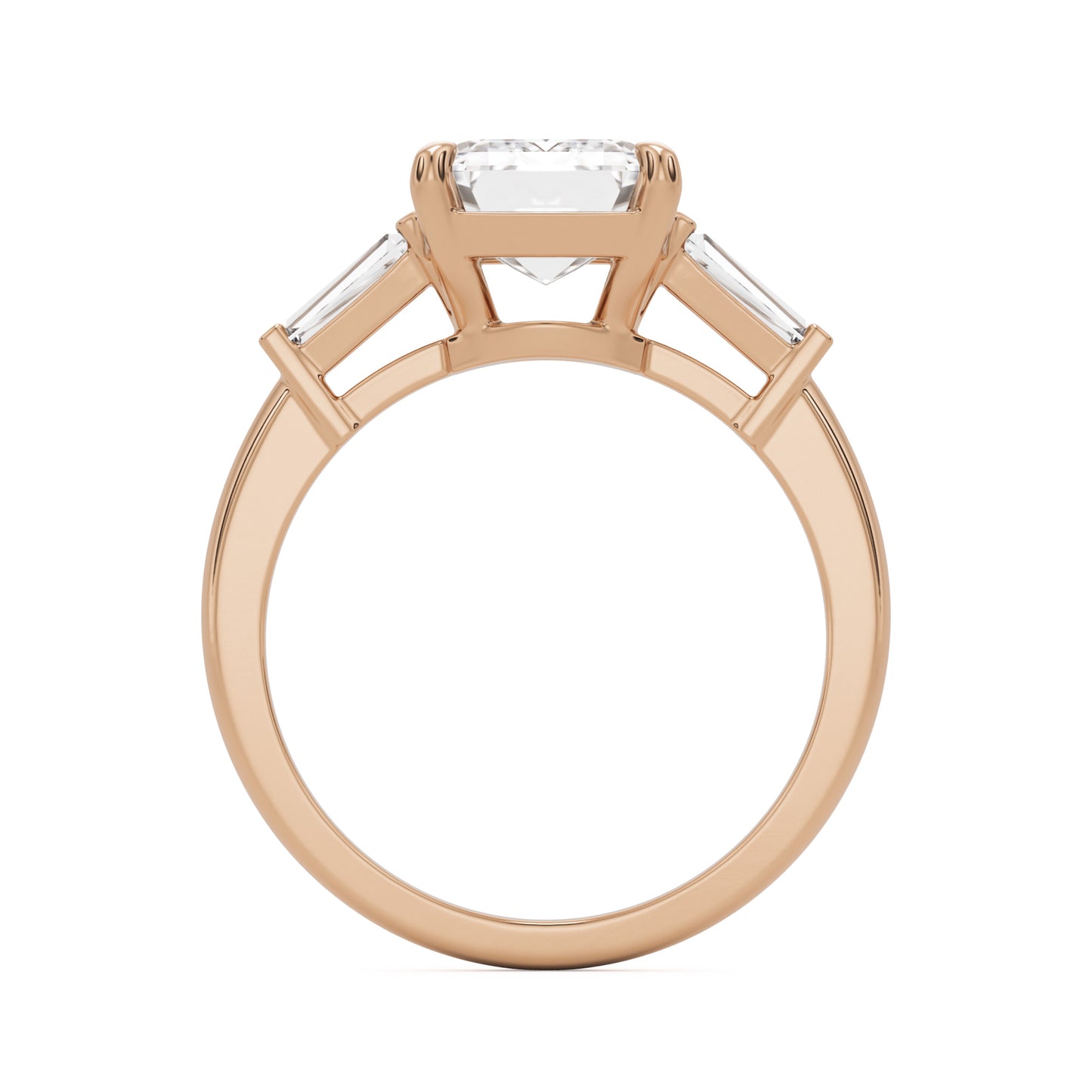emerald moissanite three stone 14k rose gold