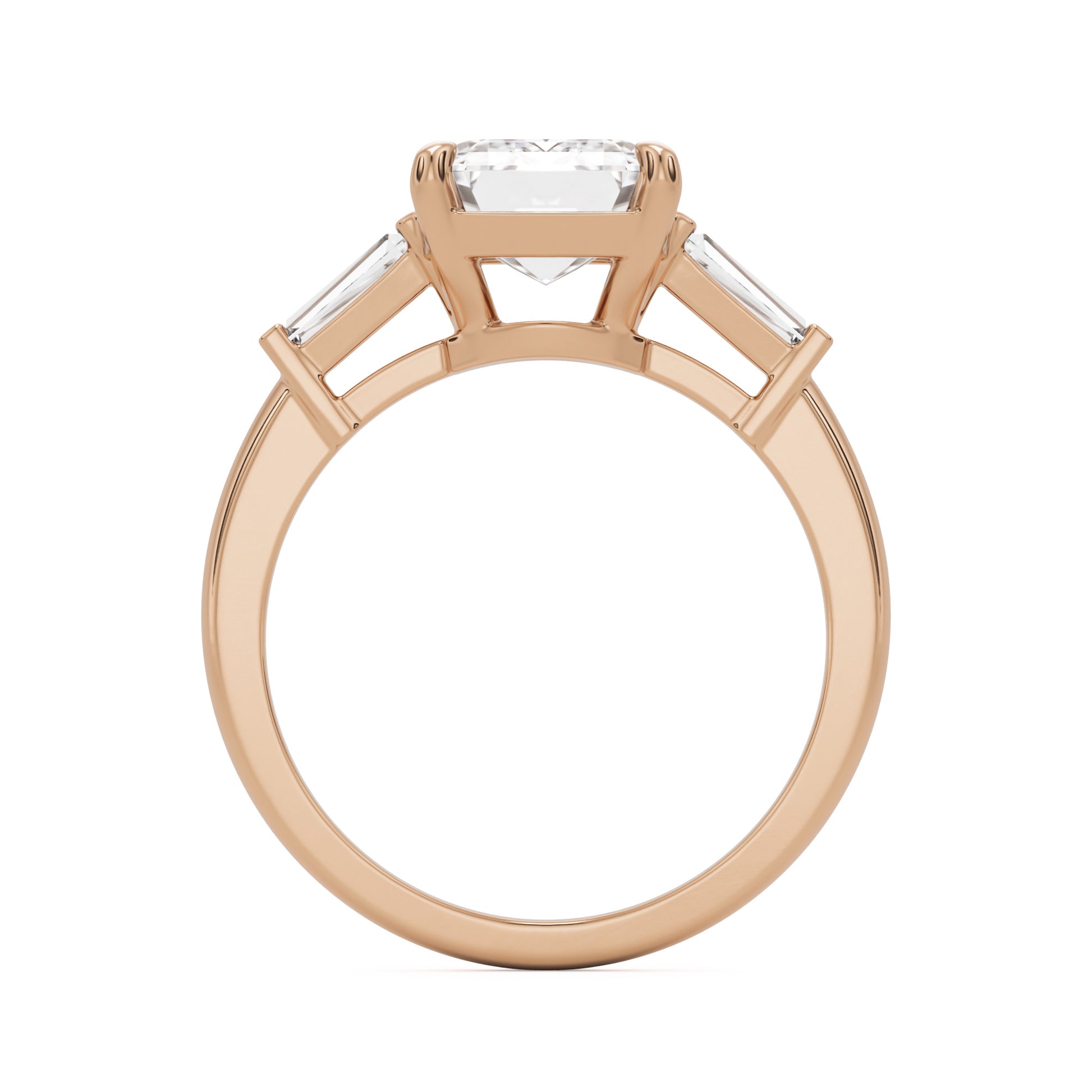 emerald moissanite three stone 14k rose gold