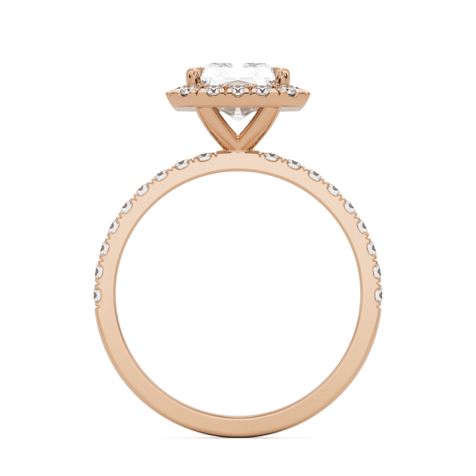 radiant moissanite halo pavé solitaire 14k rose gold