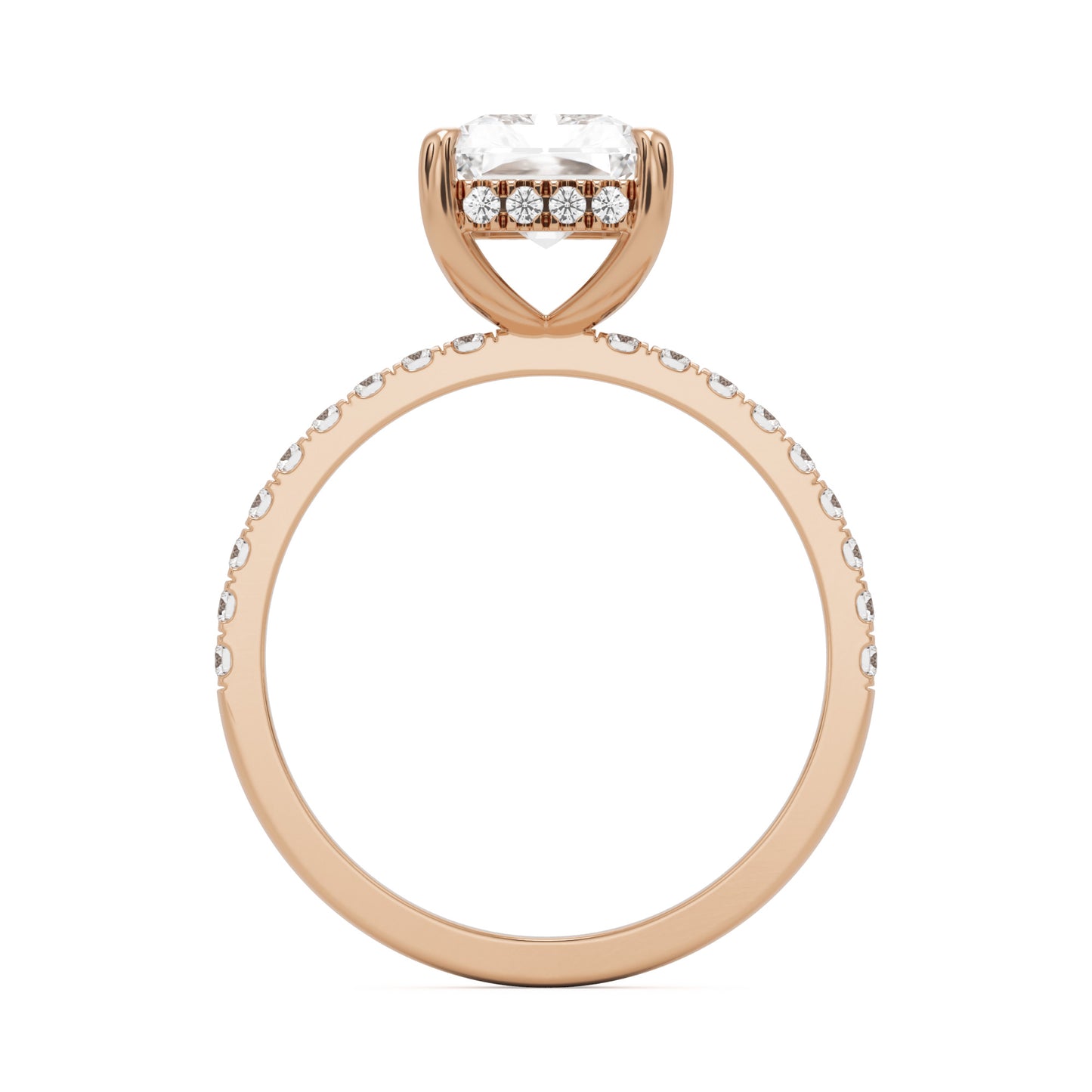 radiant moissanite hidden halo pavé solitaire 14k rose gold