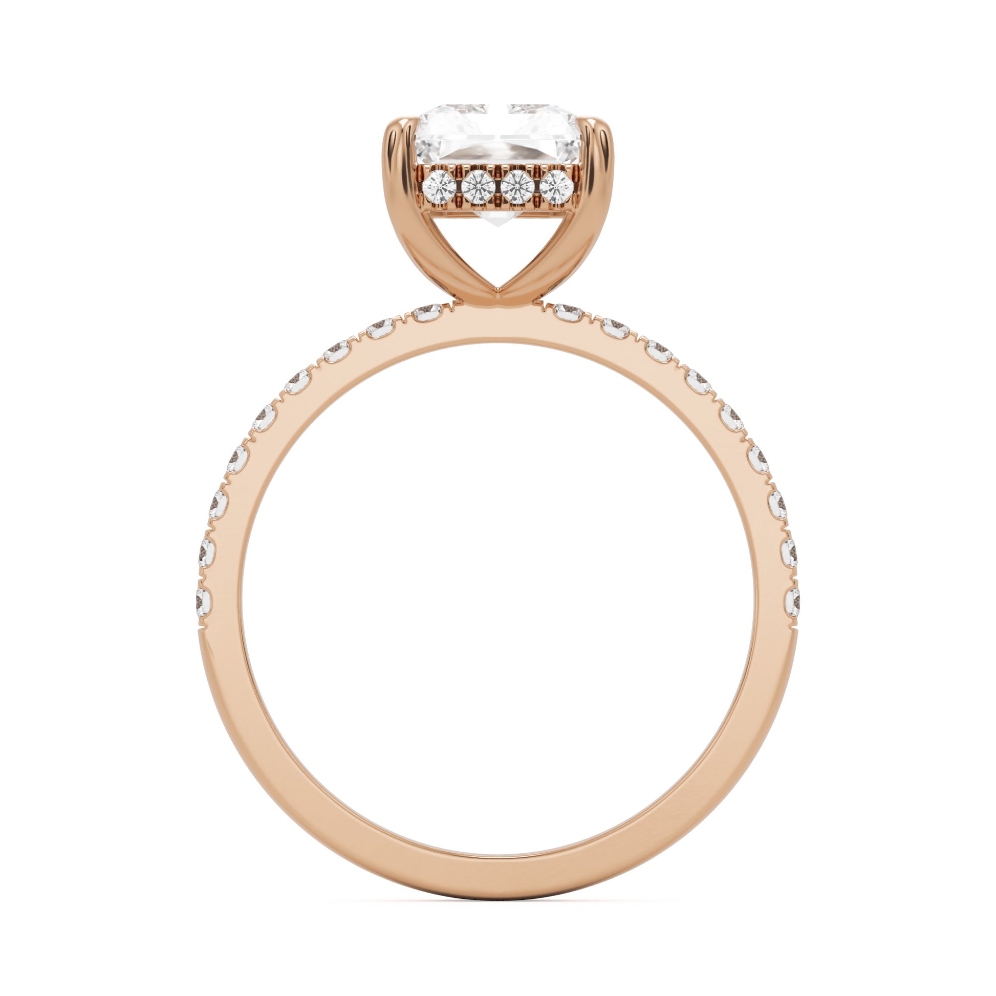 radiant moissanite hidden halo pavé solitaire 14k rose gold
