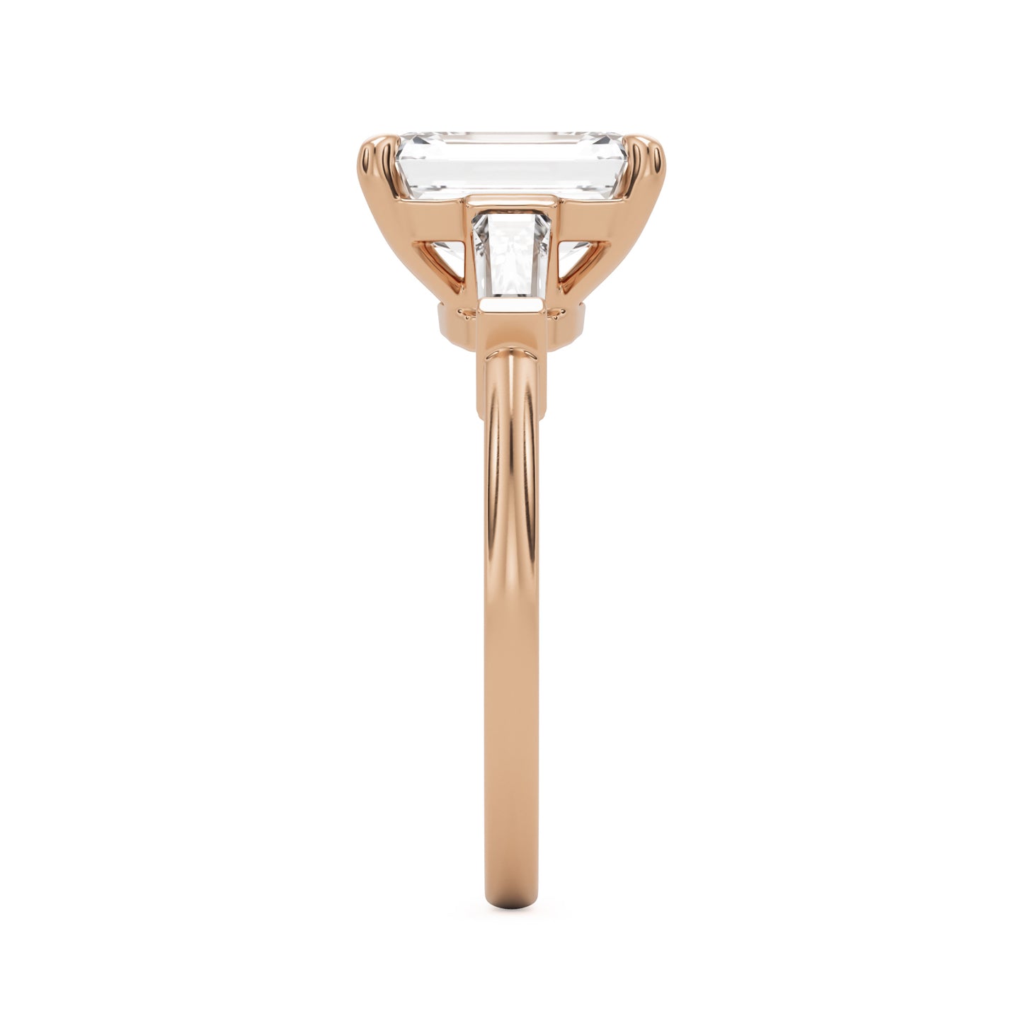emerald moissanite three stone 14k rose gold