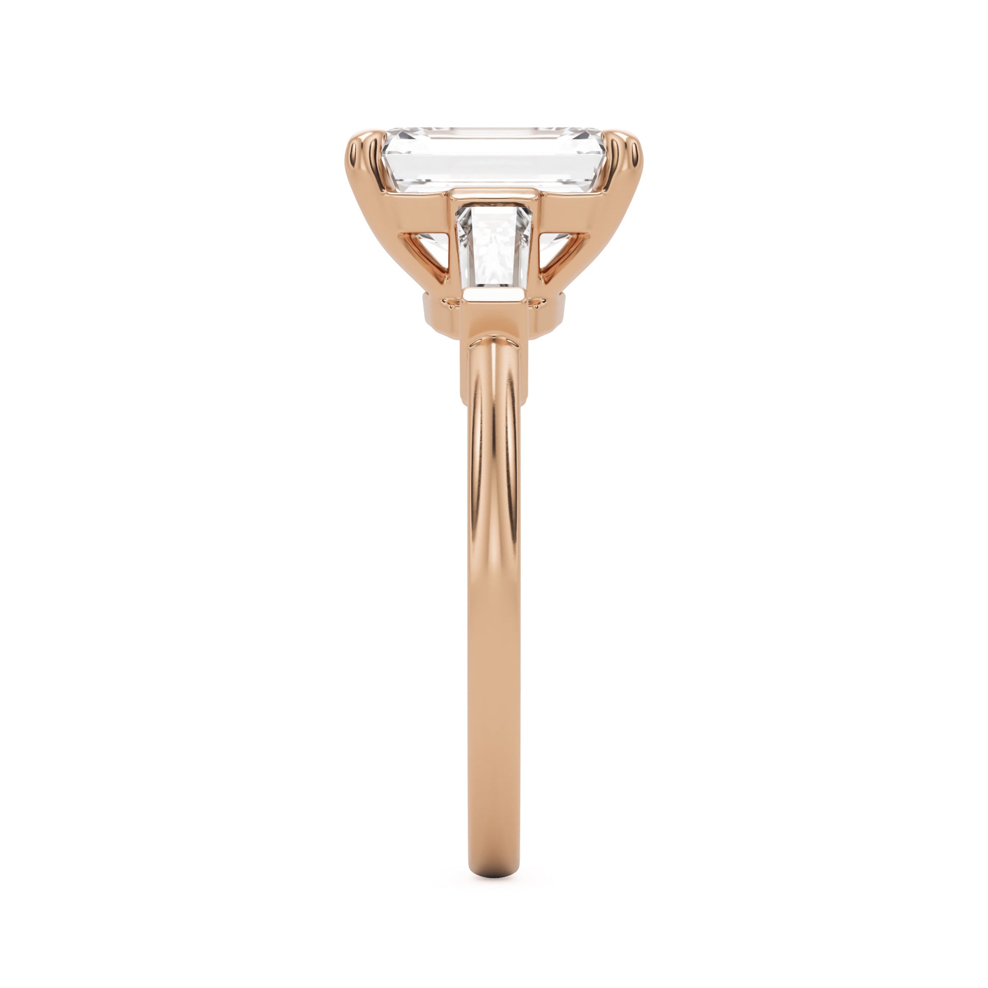 emerald moissanite three stone 14k rose gold