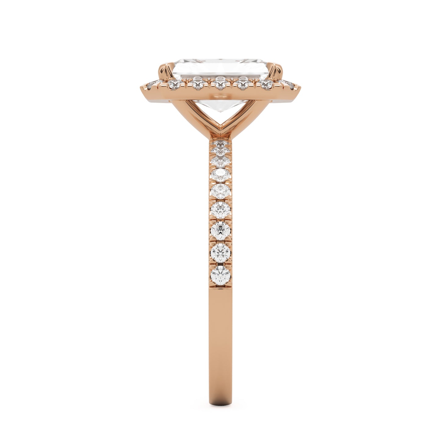 radiant moissanite halo pavé solitaire 14k rose gold