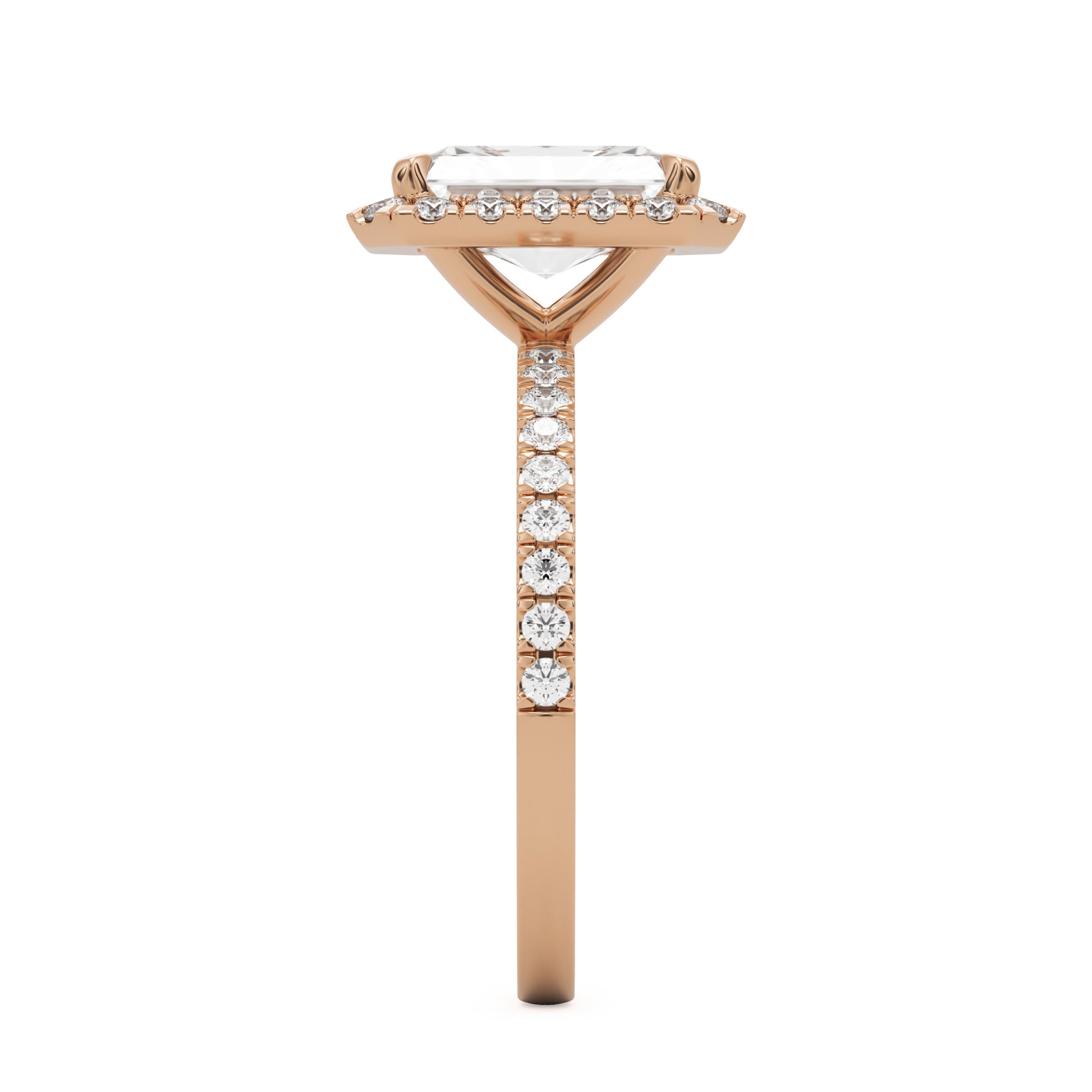 radiant moissanite halo pavé solitaire 14k rose gold