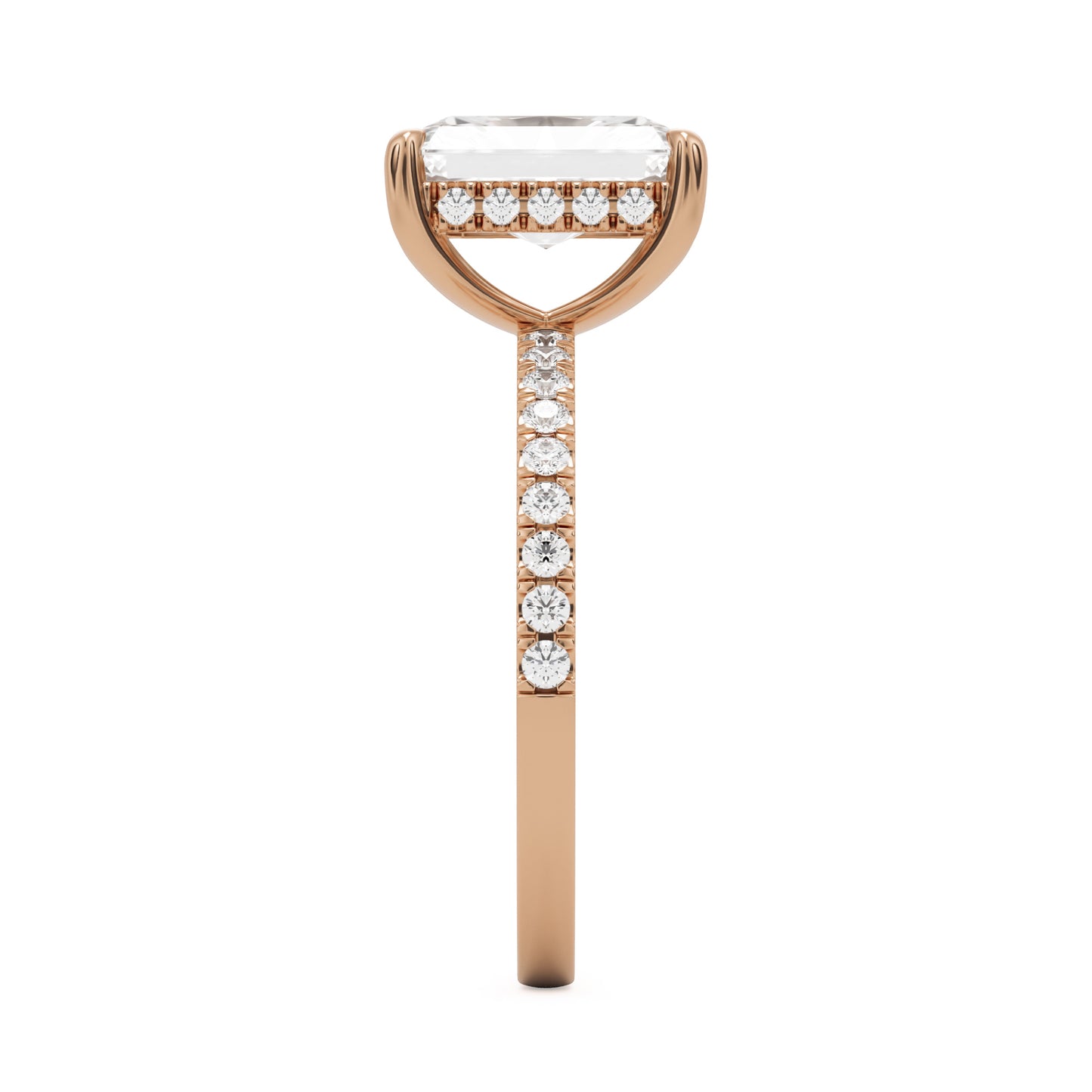 radiant moissanite hidden halo pavé solitaire 14k rose gold
