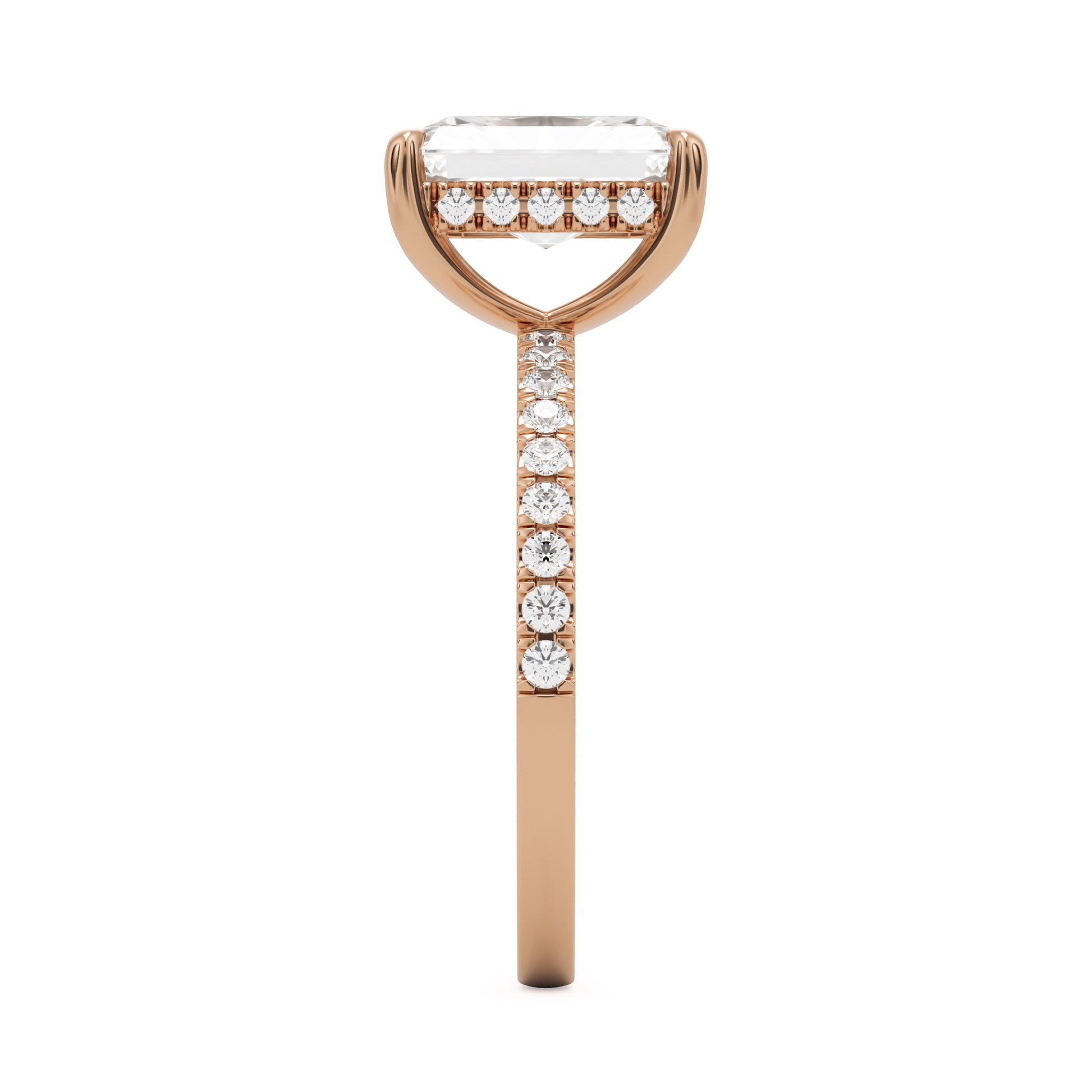 radiant moissanite hidden halo pavé solitaire 14k rose gold