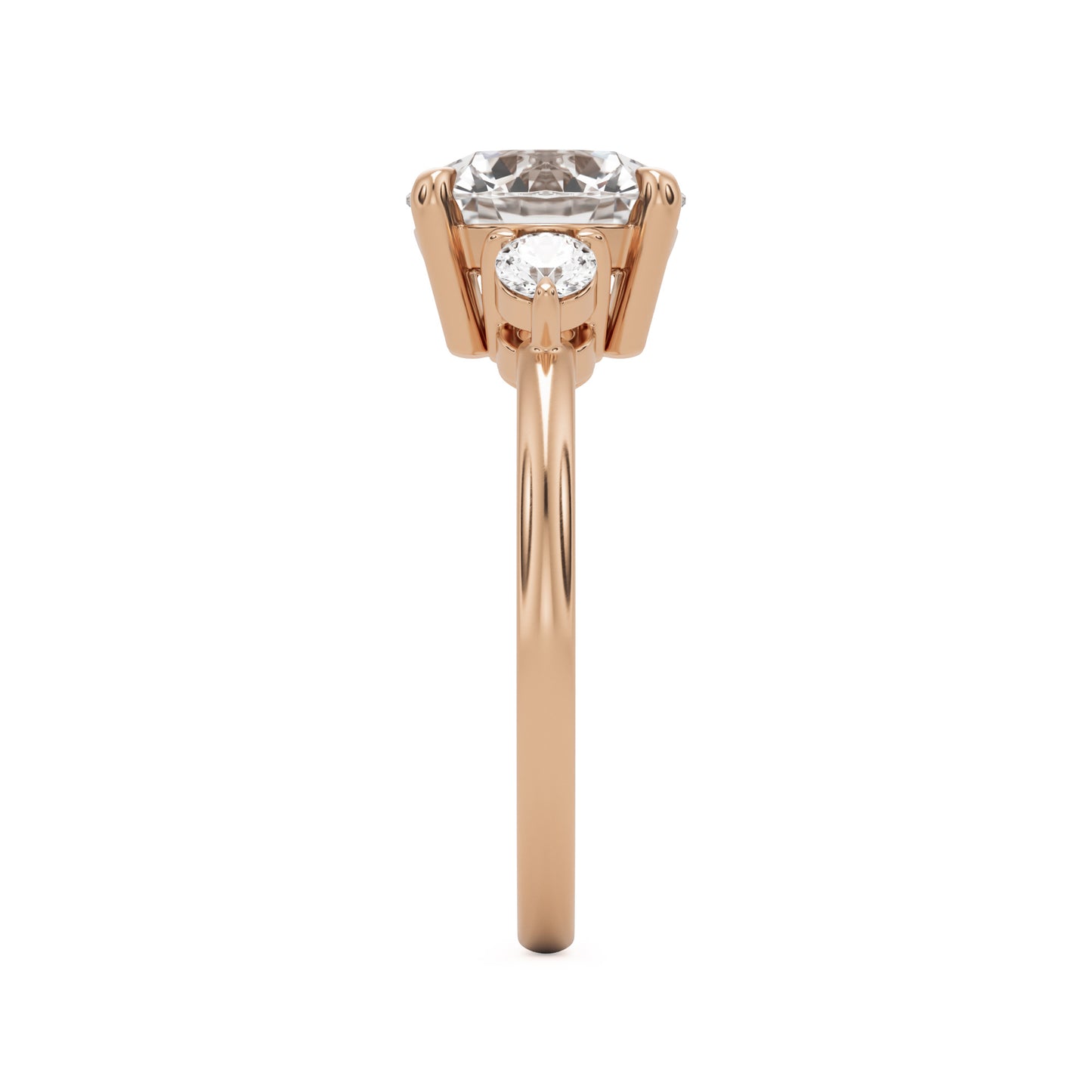 round moissanite three stone 14k rose gold