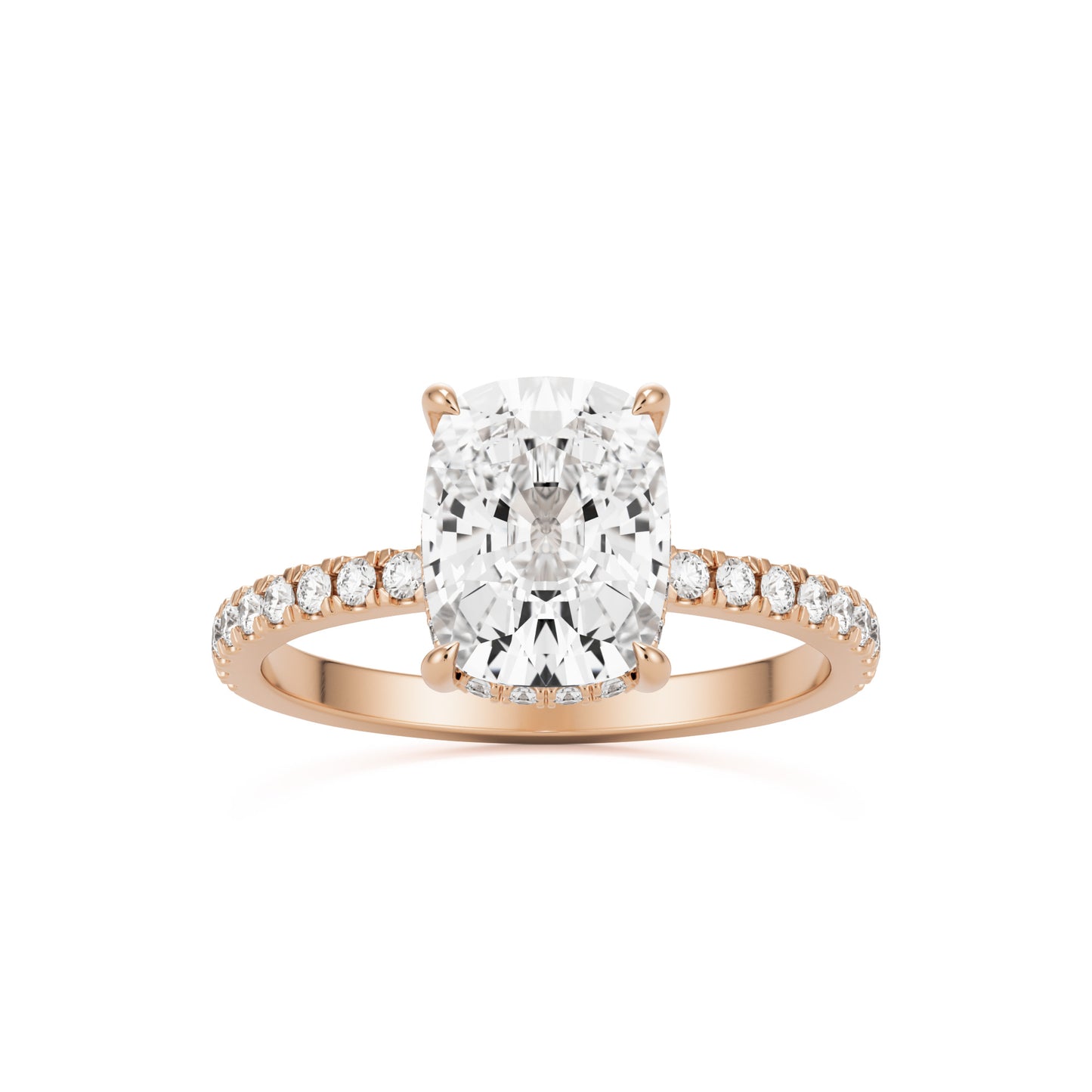 moissanite elongated cushion hidden halo pave 14k rose gold