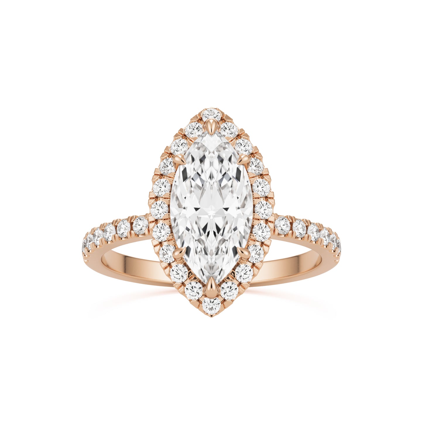 marquise moissanite halo pavé solitaire 14k rose gold