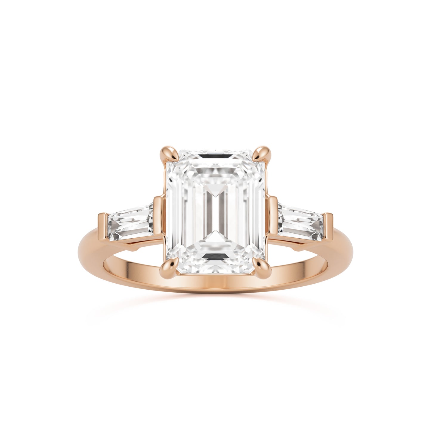 emerald moissanite three stone 14k rose gold