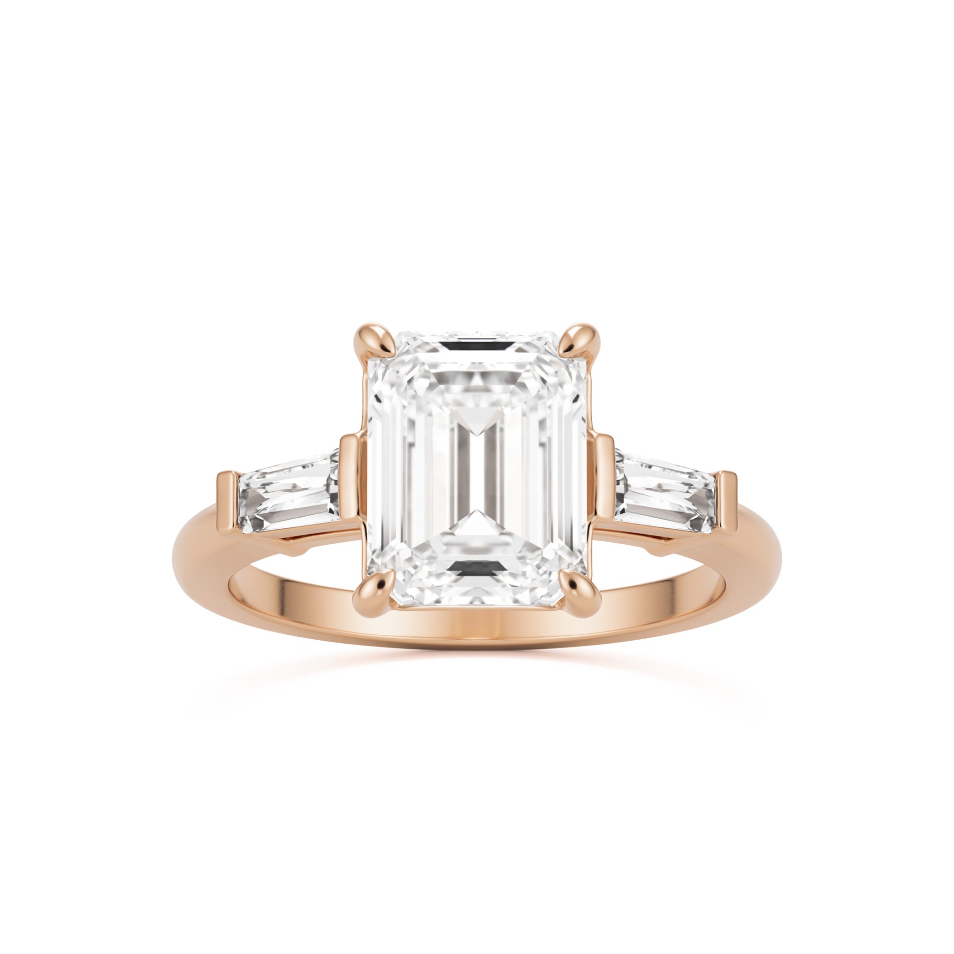 emerald moissanite three stone 14k rose gold