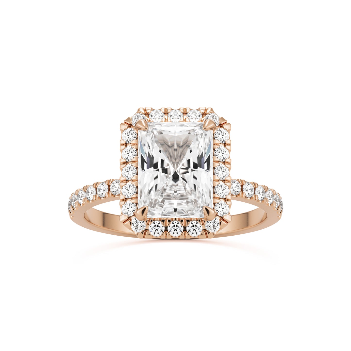 radiant moissanite halo pavé solitaire 14k rose gold