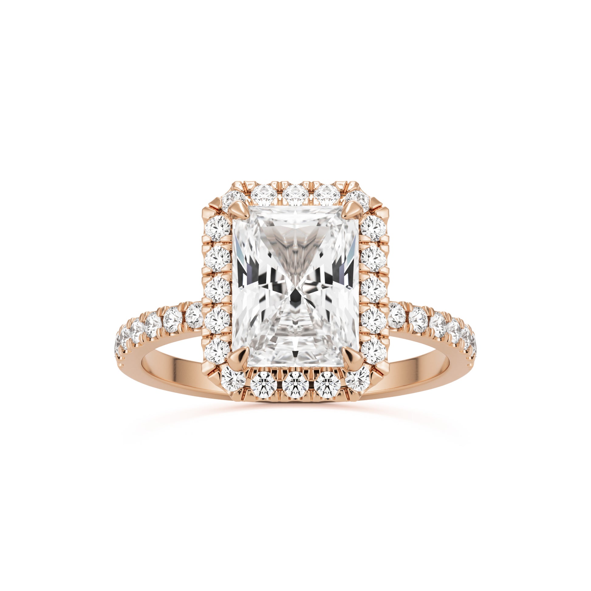 radiant moissanite halo pavé solitaire 14k rose gold
