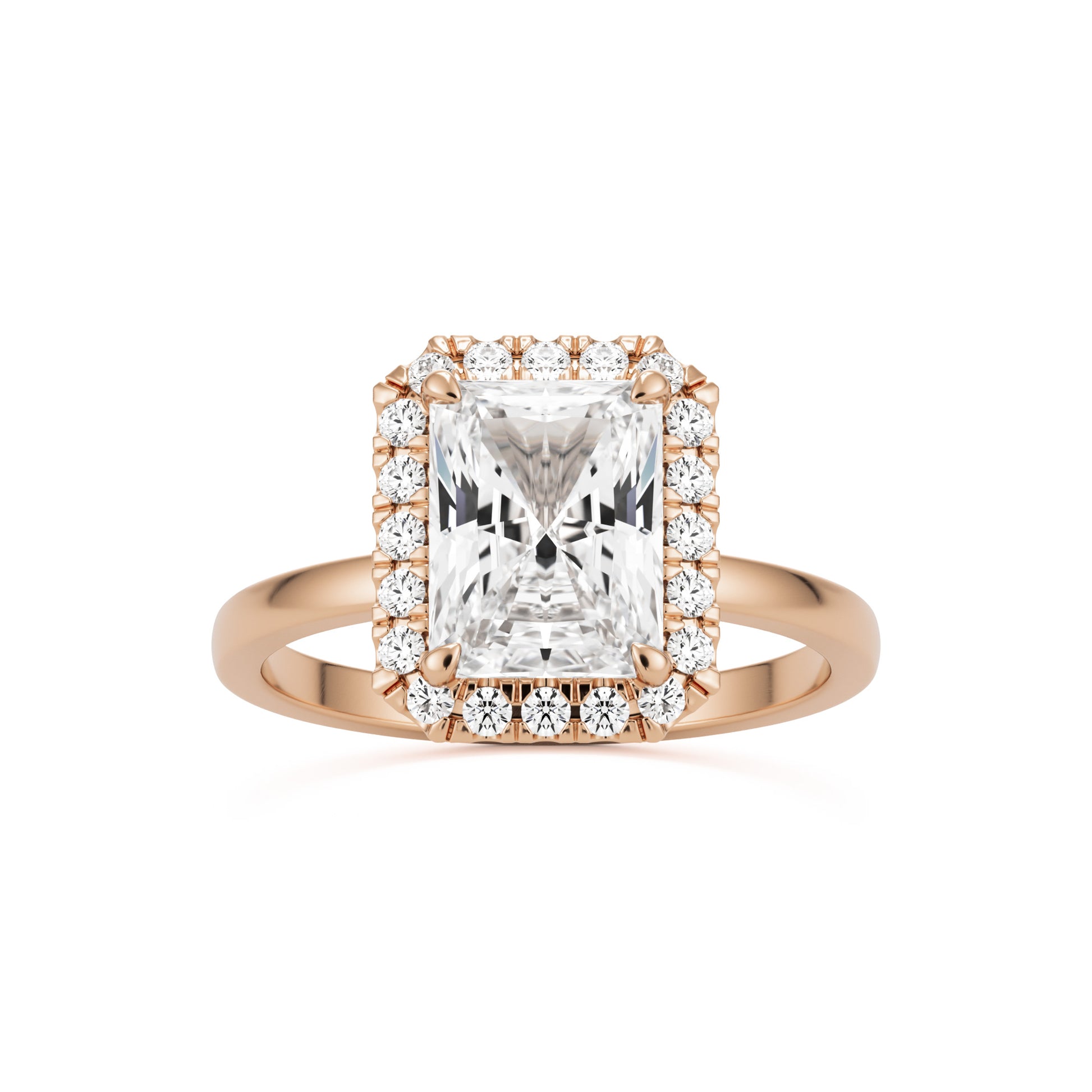 radiant moissanite halo 14k rose gold