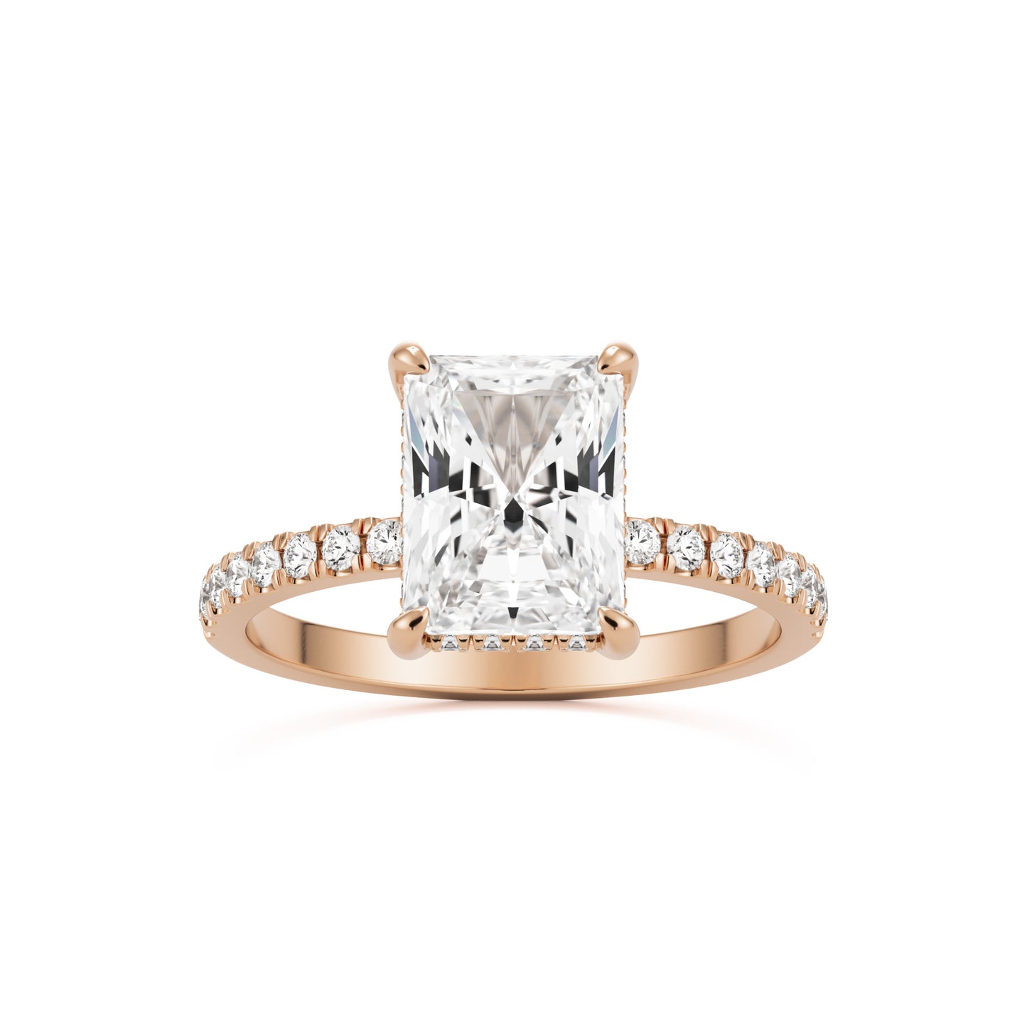 radiant moissanite hidden halo pavé solitaire 14k rose gold