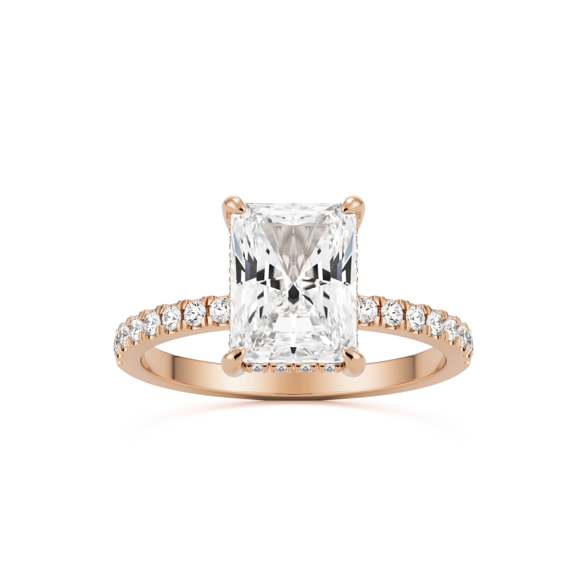 radiant moissanite hidden halo pavé solitaire 14k rose gold