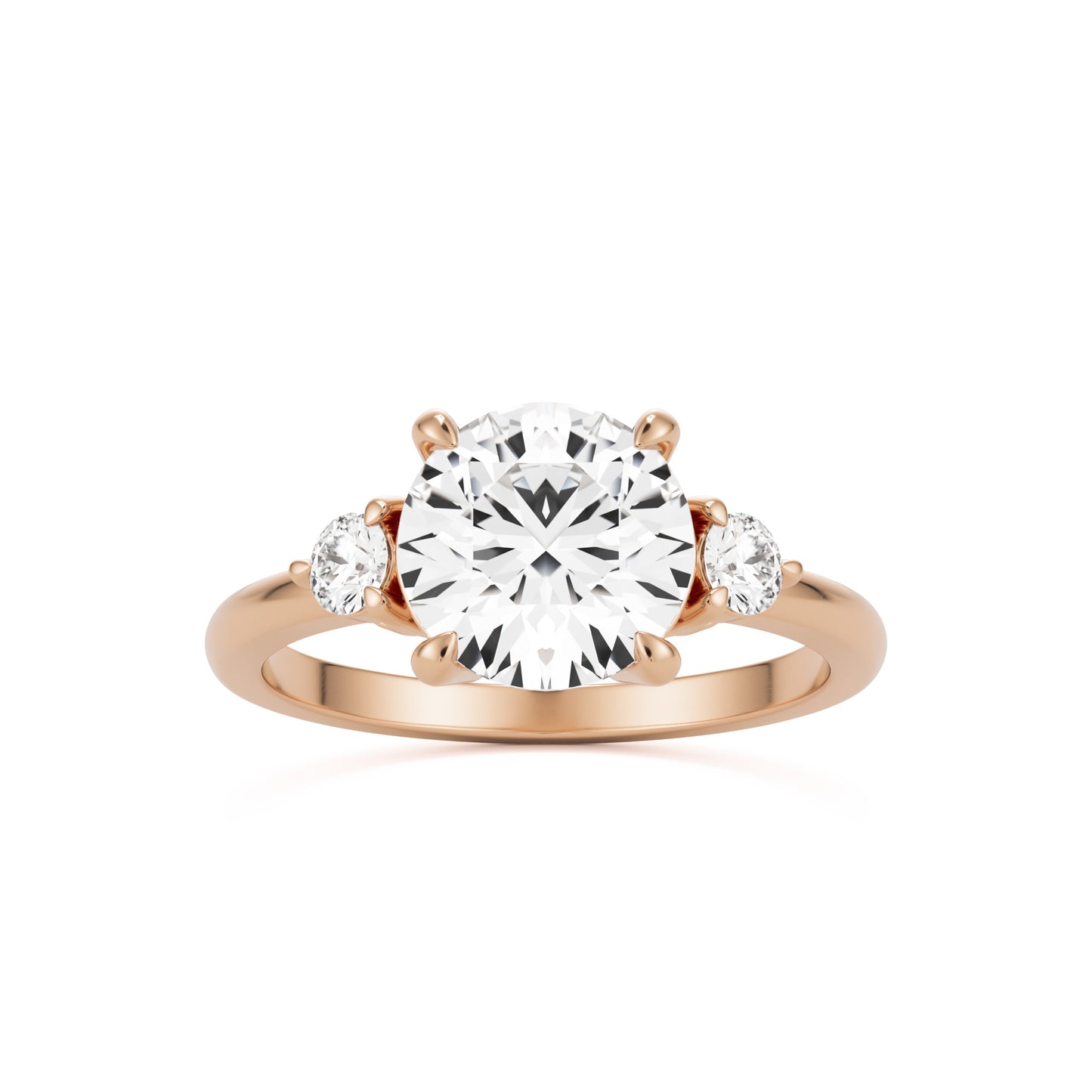 round moissanite three stone 14k rose gold