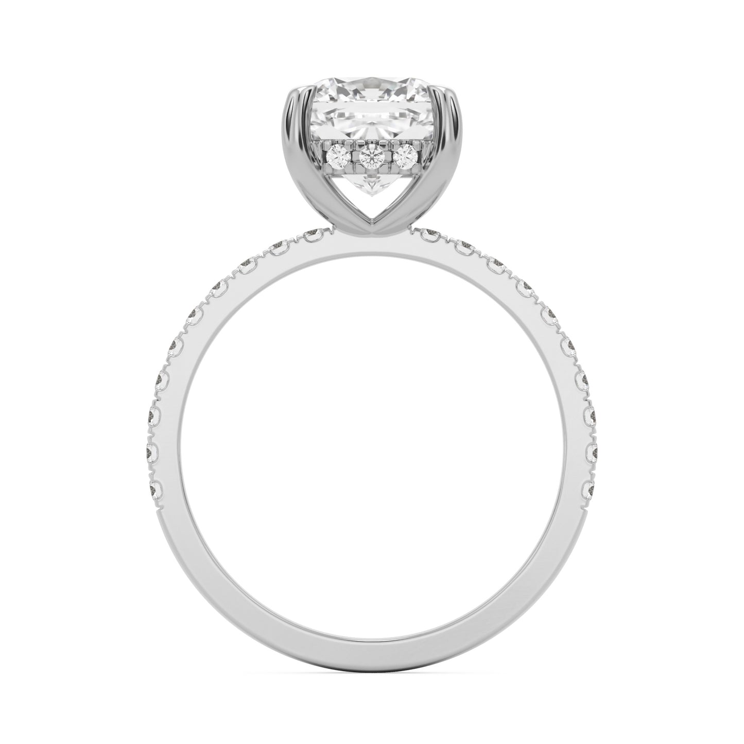 moissanite elongated cushion hidden halo pave 14k white gold