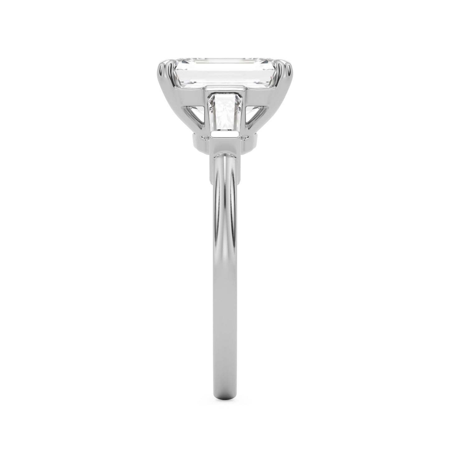 emerald moissanite three stone platinum