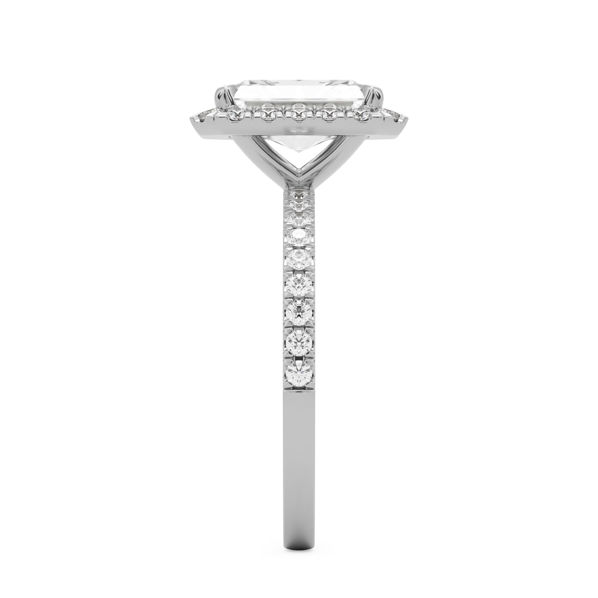 radiant moissanite halo pavé solitaire 14k white gold
