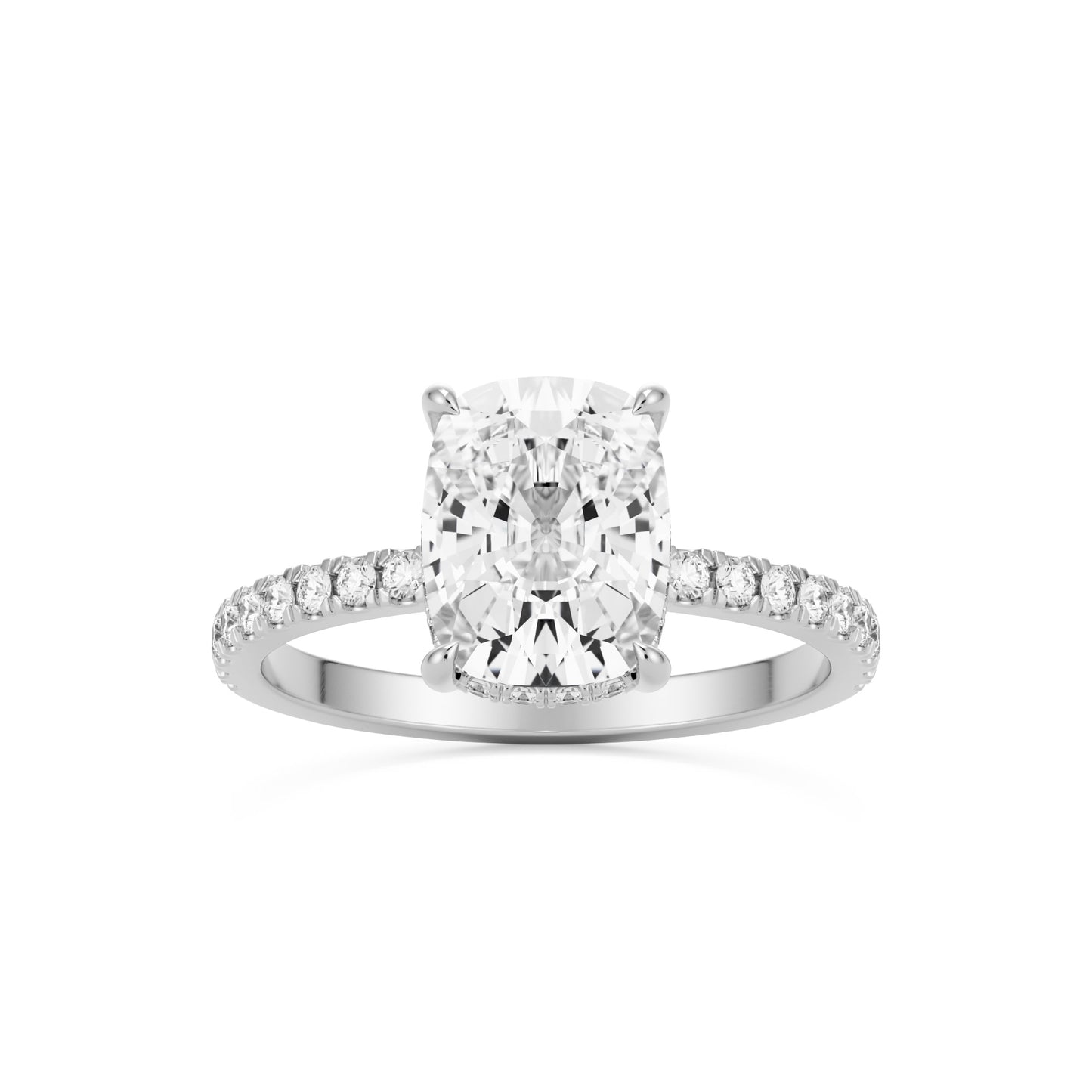 moissanite elongated cushion hidden halo pave 14k white gold