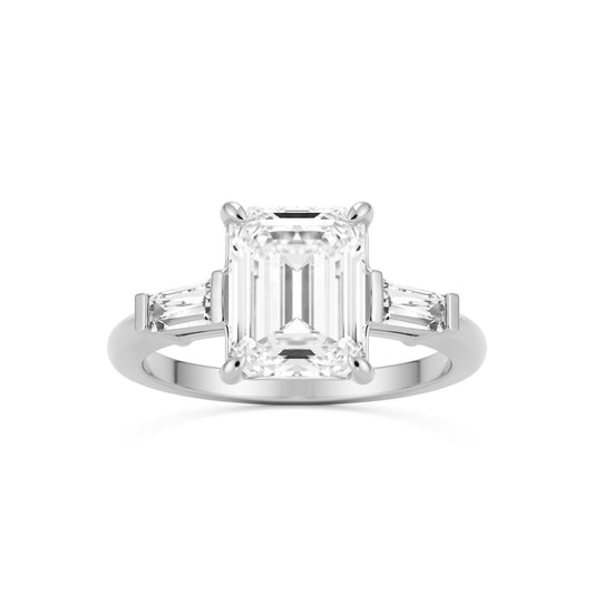 emerald moissanite three stone 14k white gold