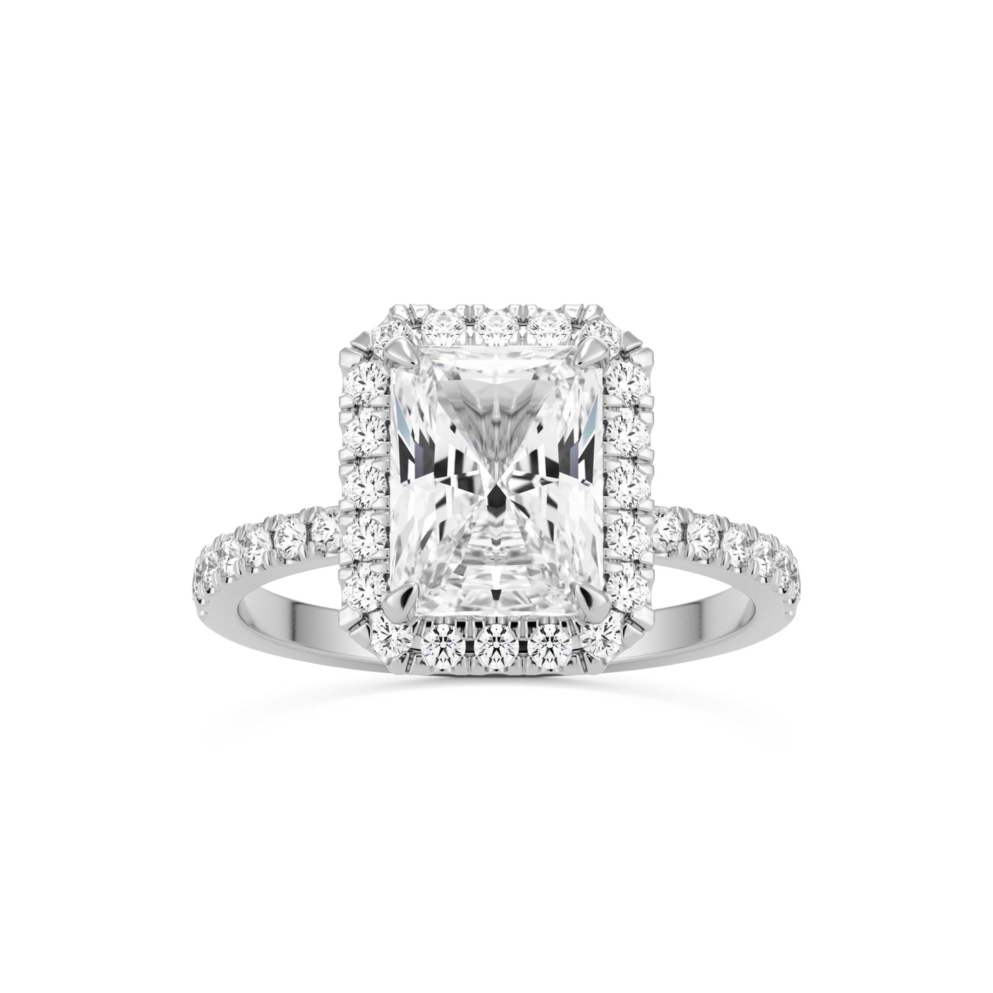 radiant moissanite halo pavé solitaire platinum