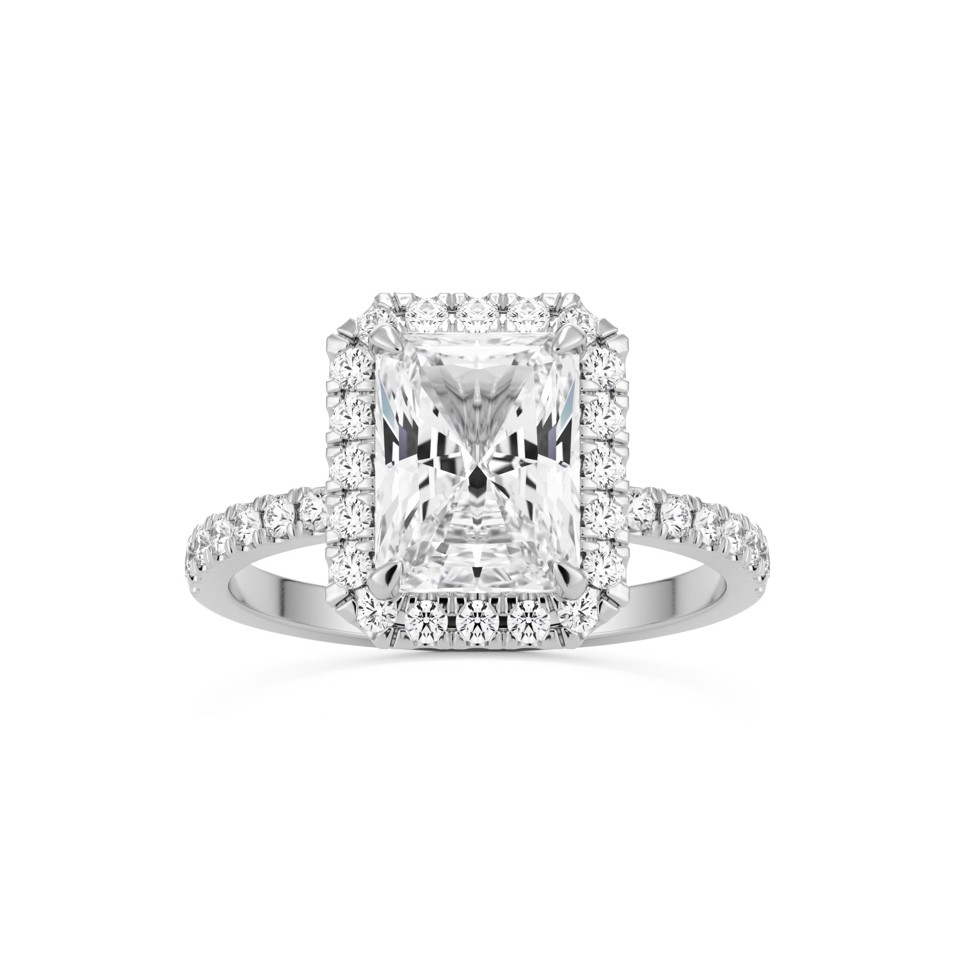 radiant moissanite halo pavé solitaire platinum