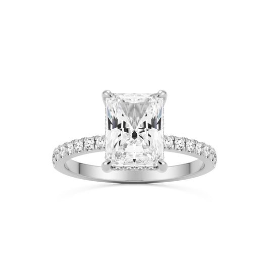 radiant moissanite hidden halo pavé solitaire 14k white gold