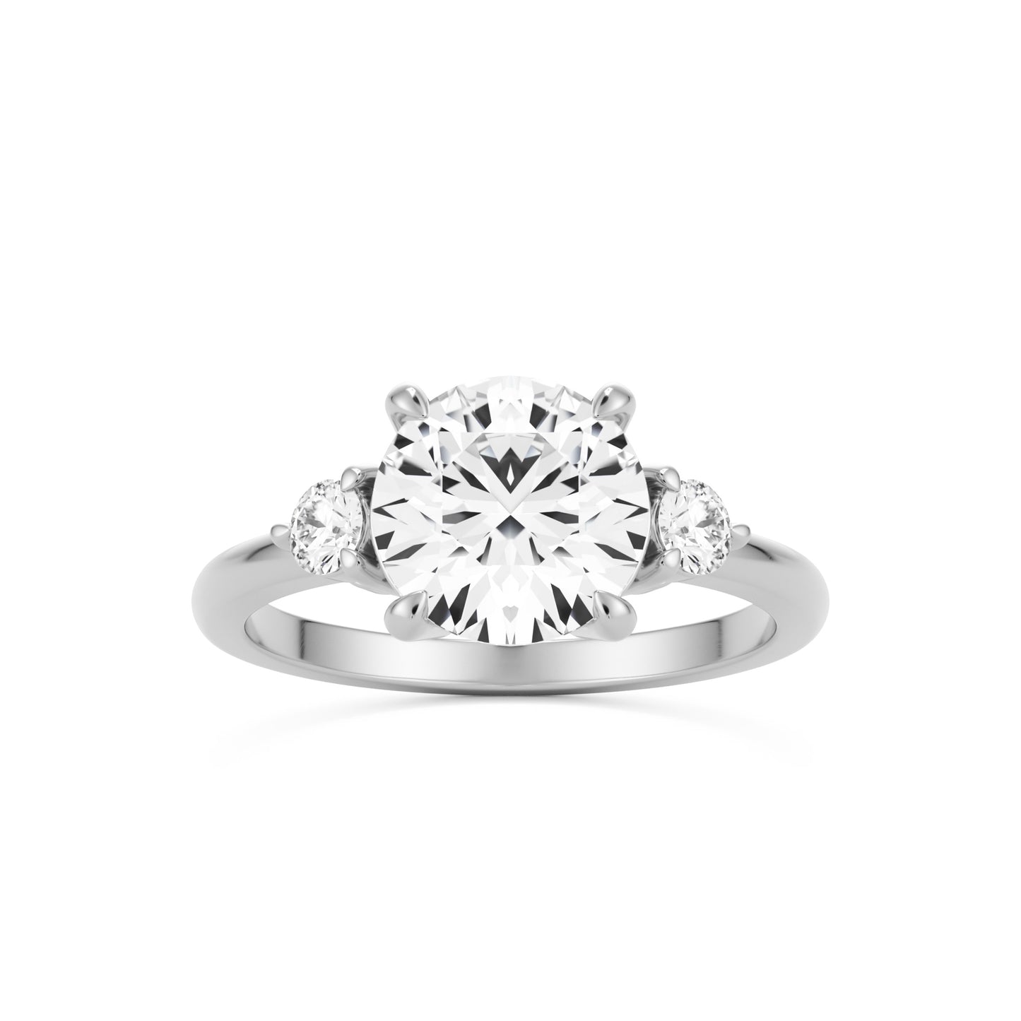 round moissanite three stone 14k white gold