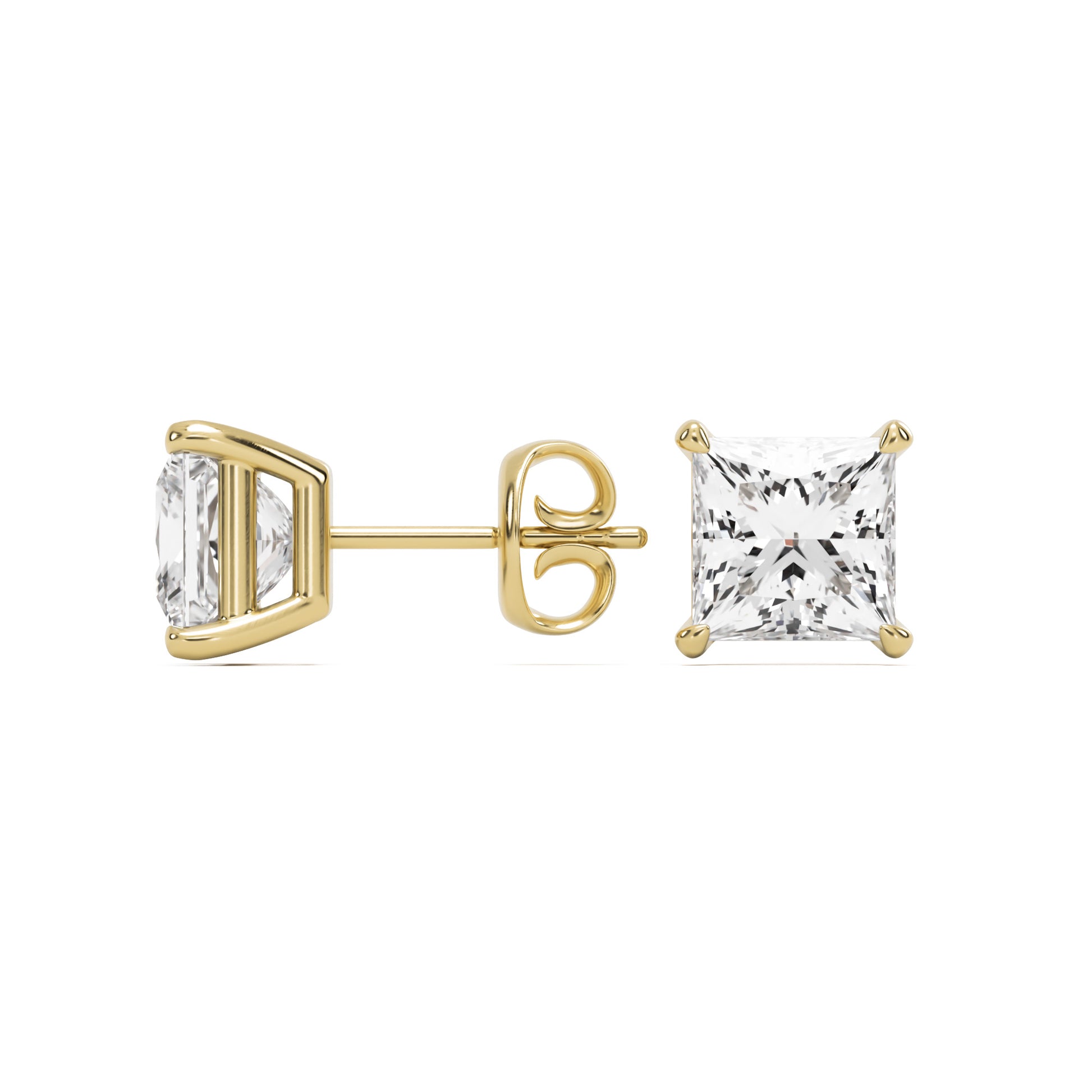 princess moissanite stud earrings 14k yellow gold