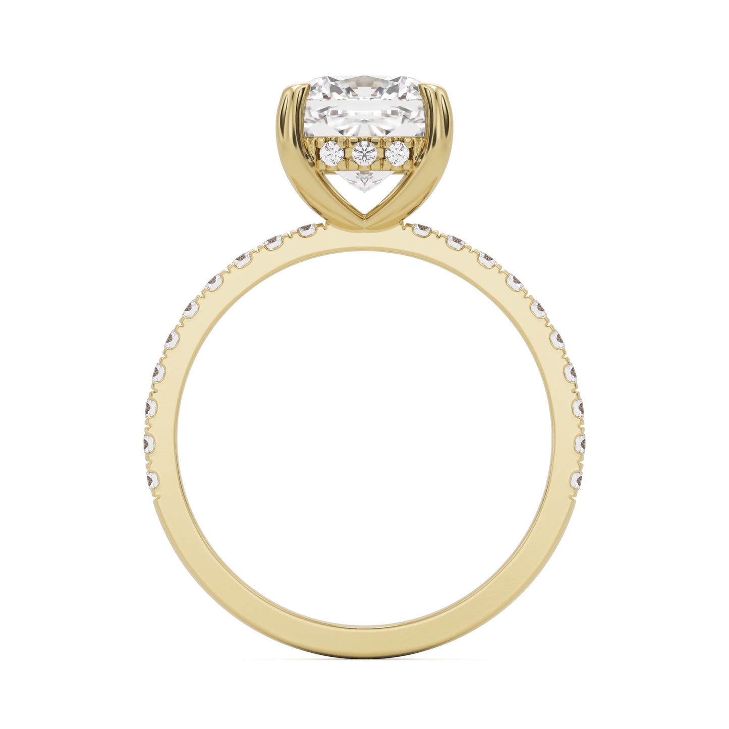 moissanite elongated cushion hidden halo pave 14k yellow gold