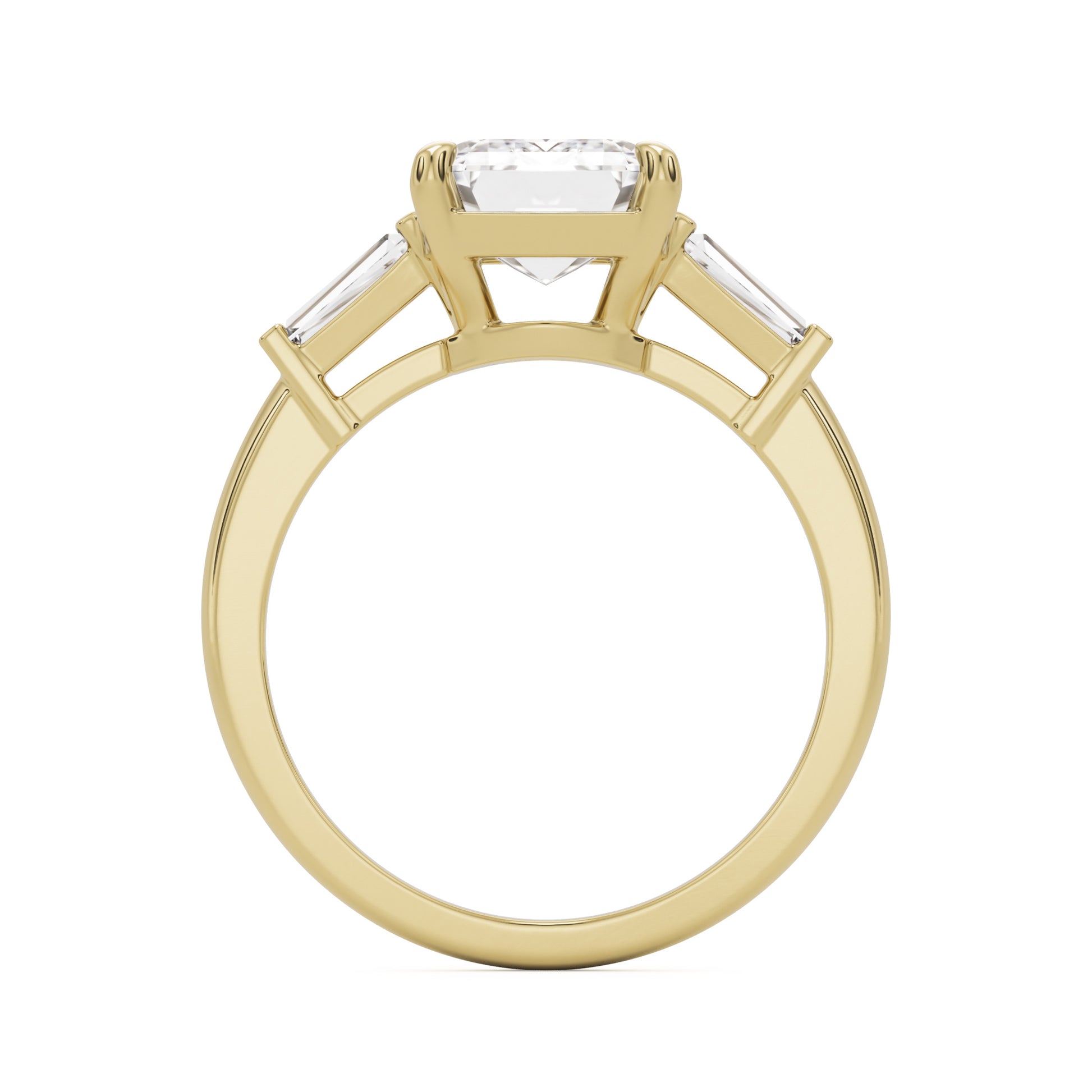 emerald moissanite three stone 14k yellow gold