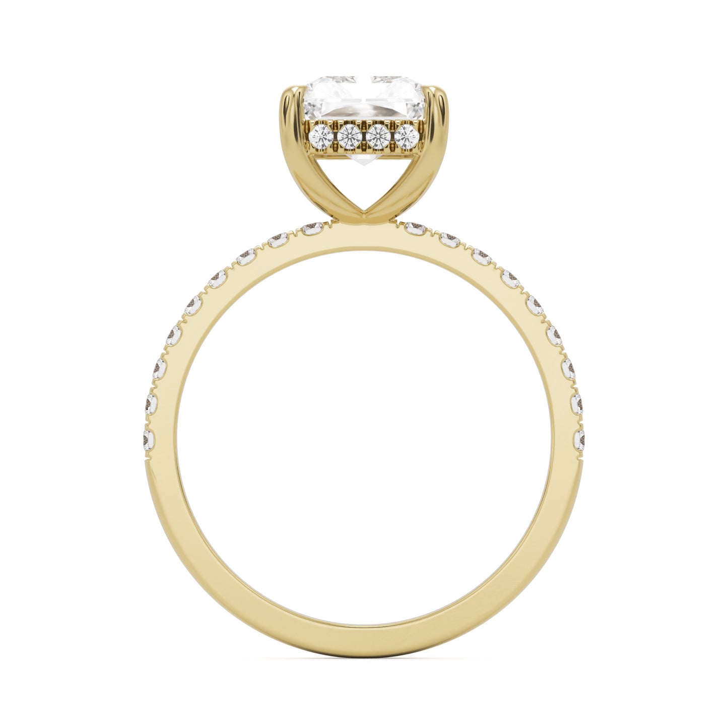 radiant moissanite hidden halo pavé solitaire 14k yellow gold