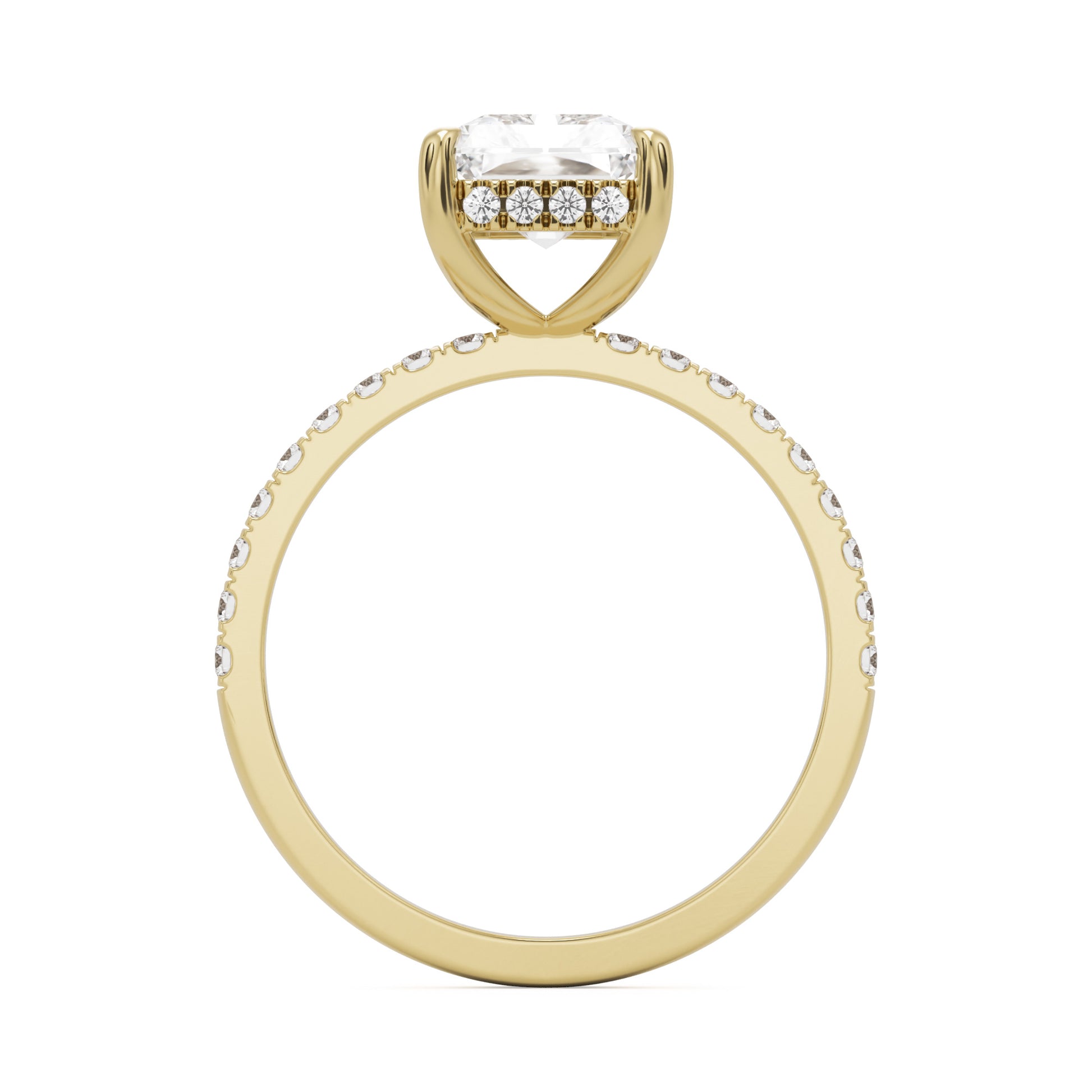 radiant moissanite hidden halo pavé solitaire 14k yellow gold