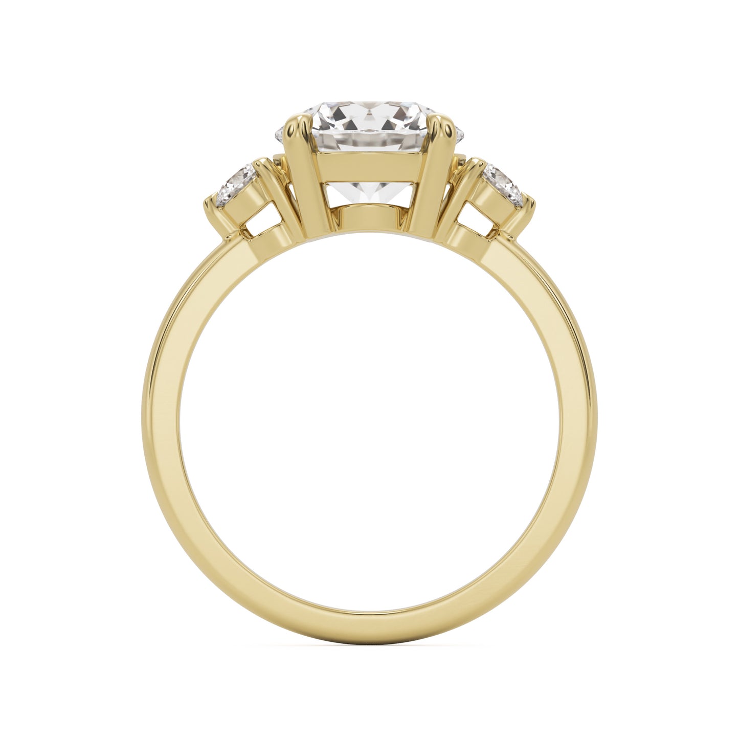 round moissanite three stone 14k yellow gold
