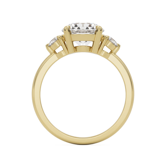 round moissanite three stone 14k yellow gold