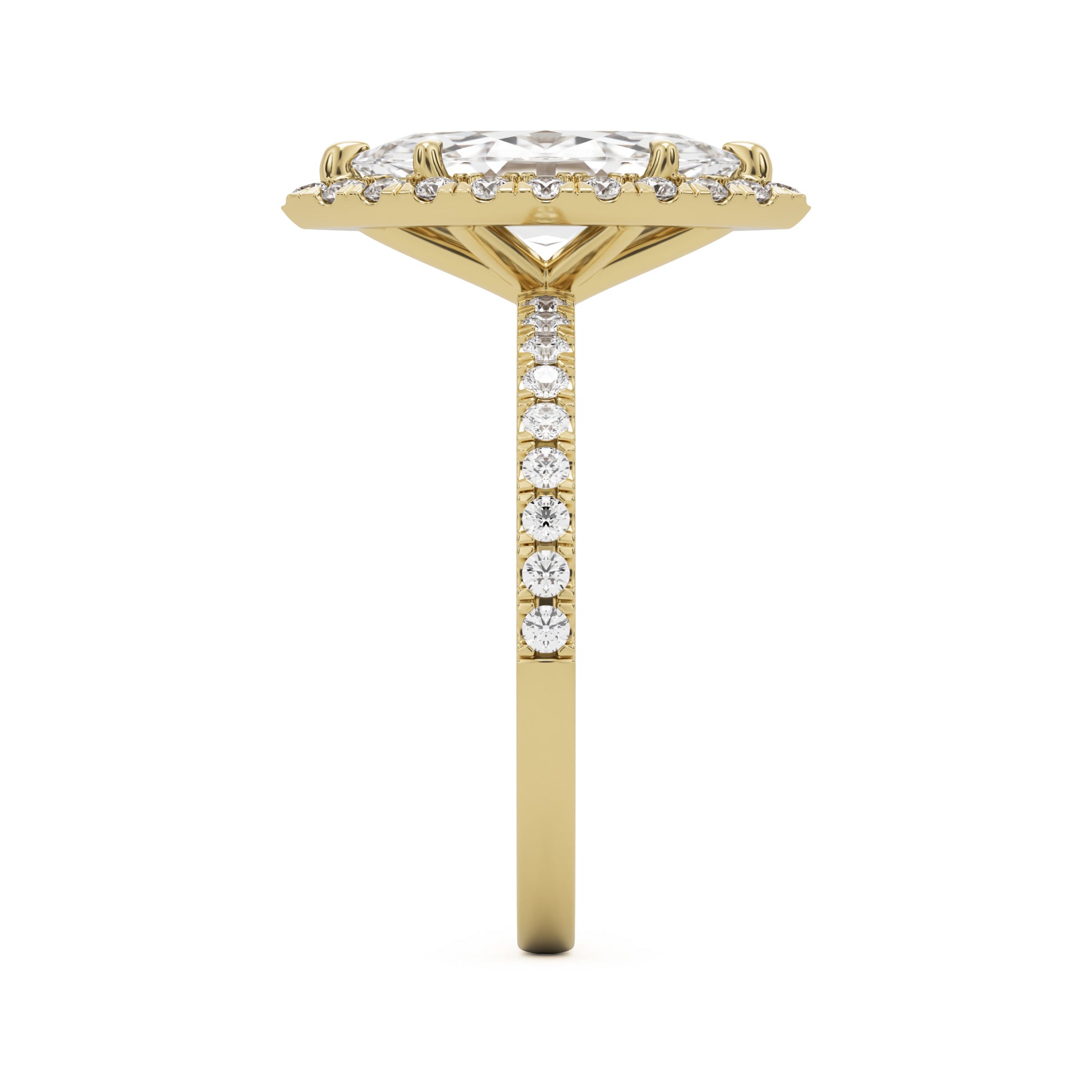 marquise moissanite halo pavé solitaire 14k yellow gold