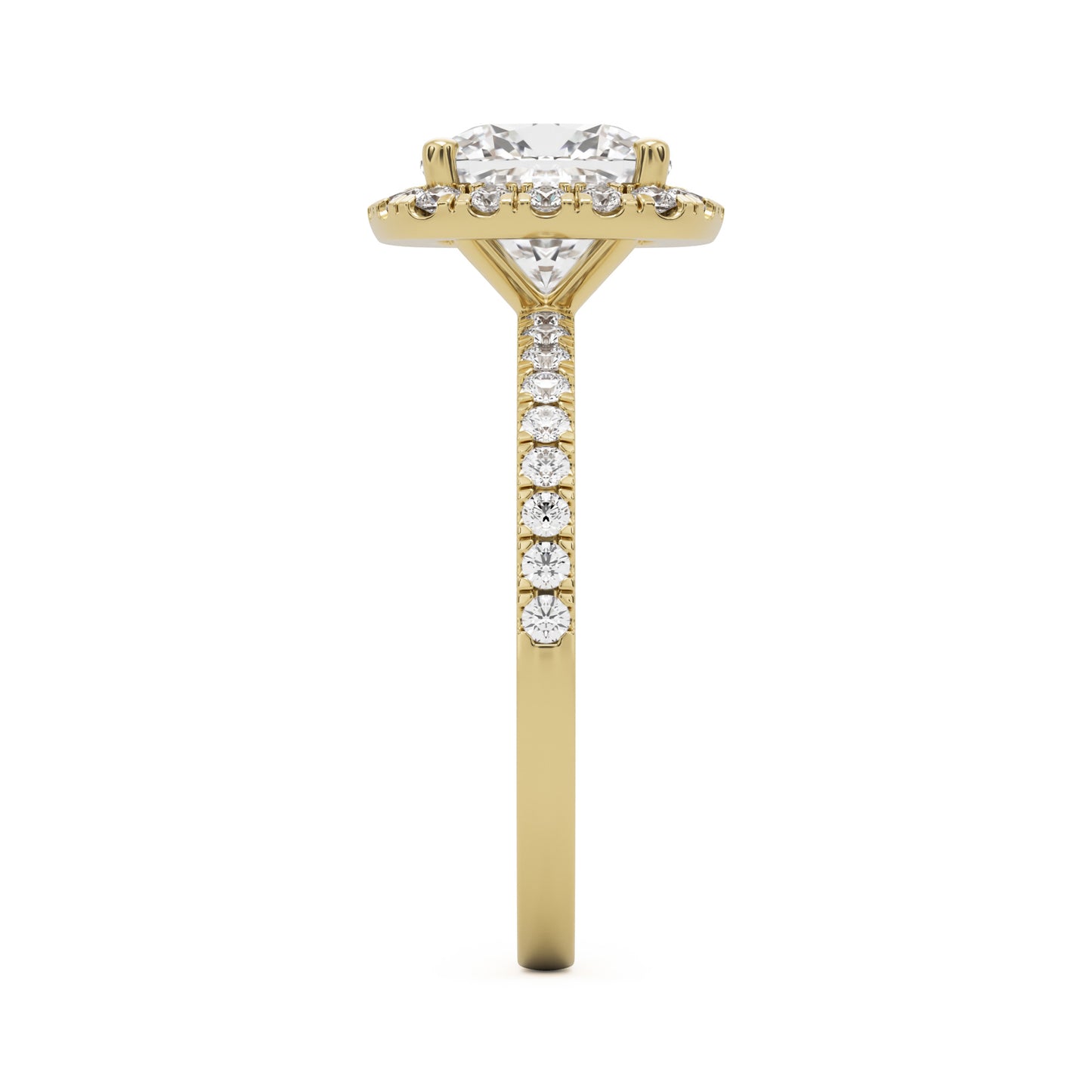 moissanite elongated cushion halo pavé solitaire 14k yellow gold