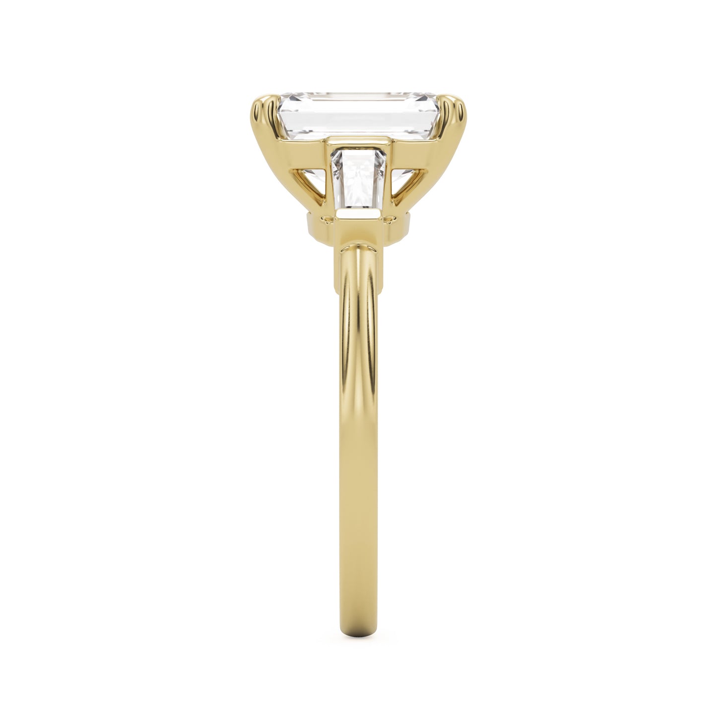 emerald moissanite three stone 14k yellow gold