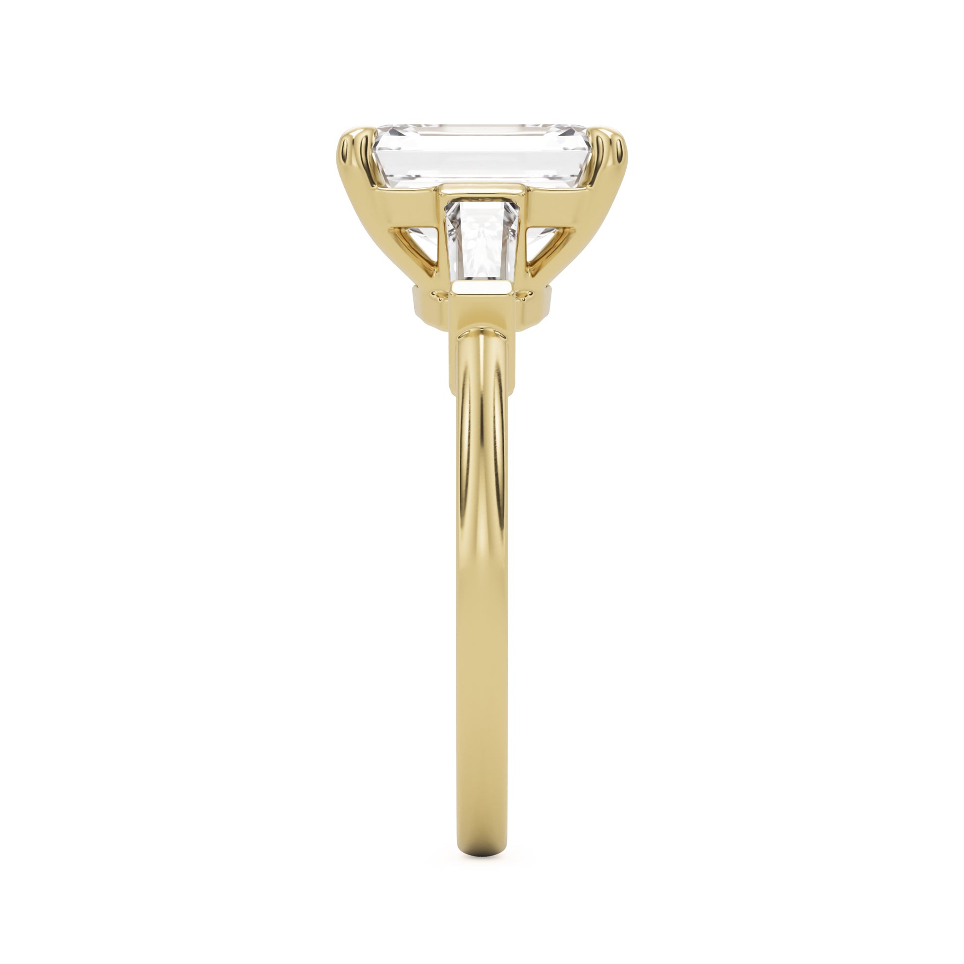 emerald moissanite three stone 14k yellow gold