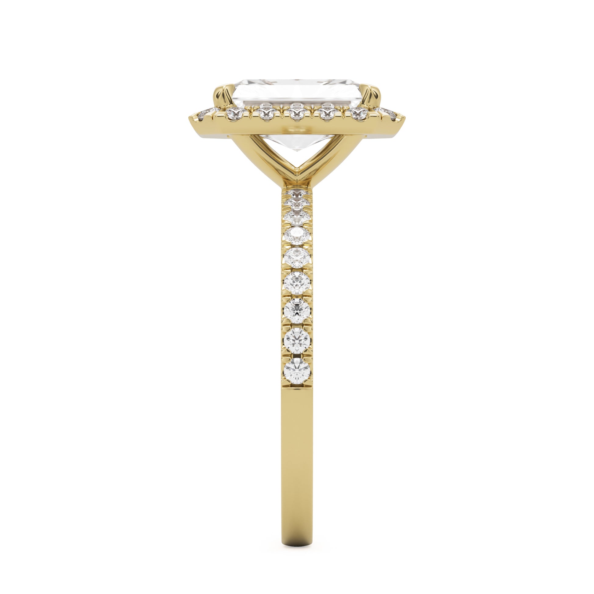 radiant moissanite halo pavé solitaire 14k yellow gold