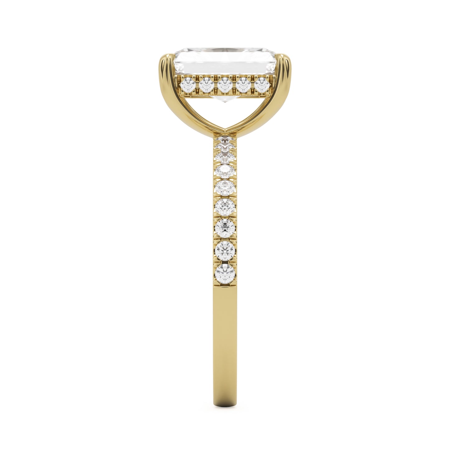 radiant moissanite hidden halo pavé solitaire 14k yellow gold